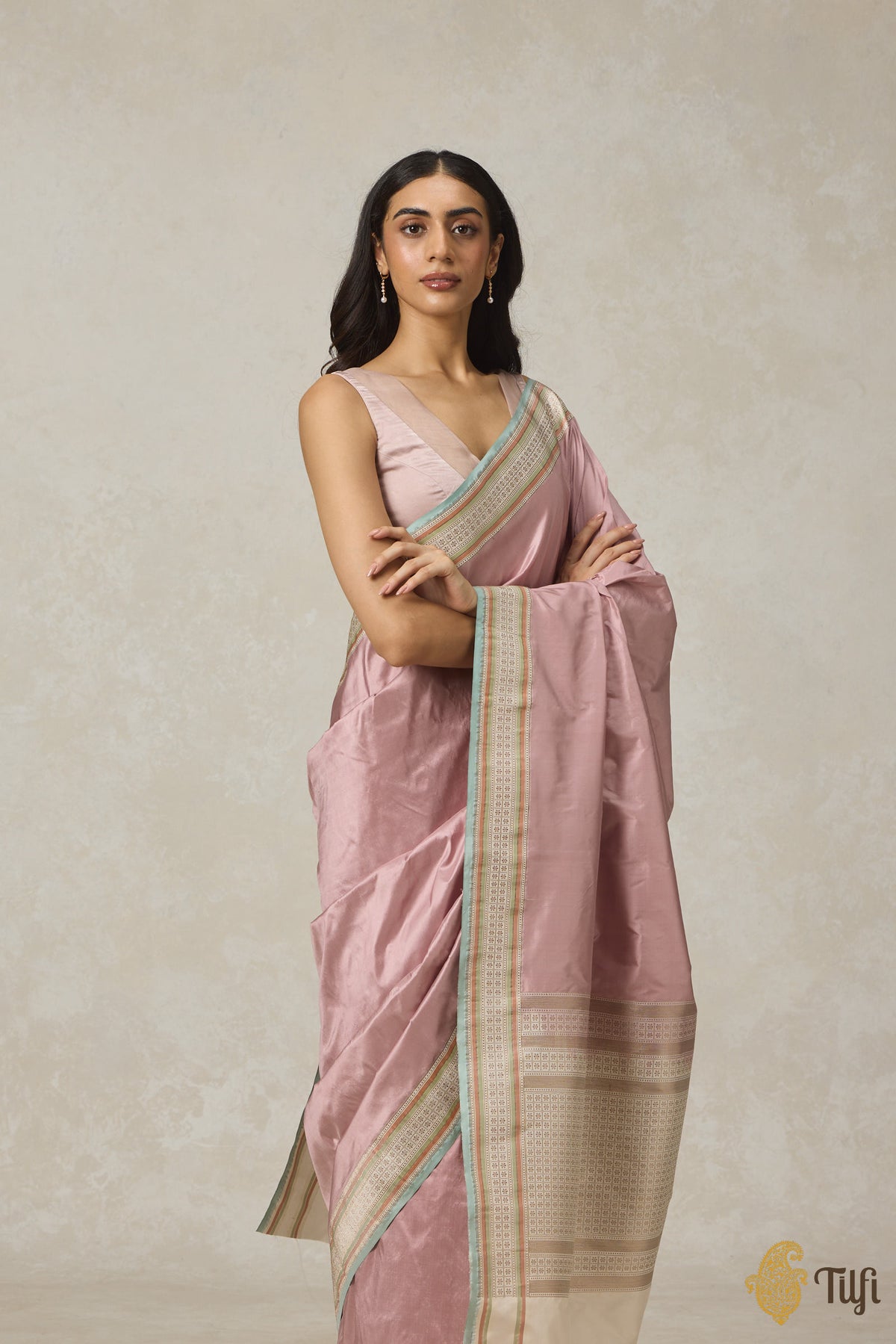 Pastel Pink Pure Katan Silk Banarasi Kadiyal Handloom Saree