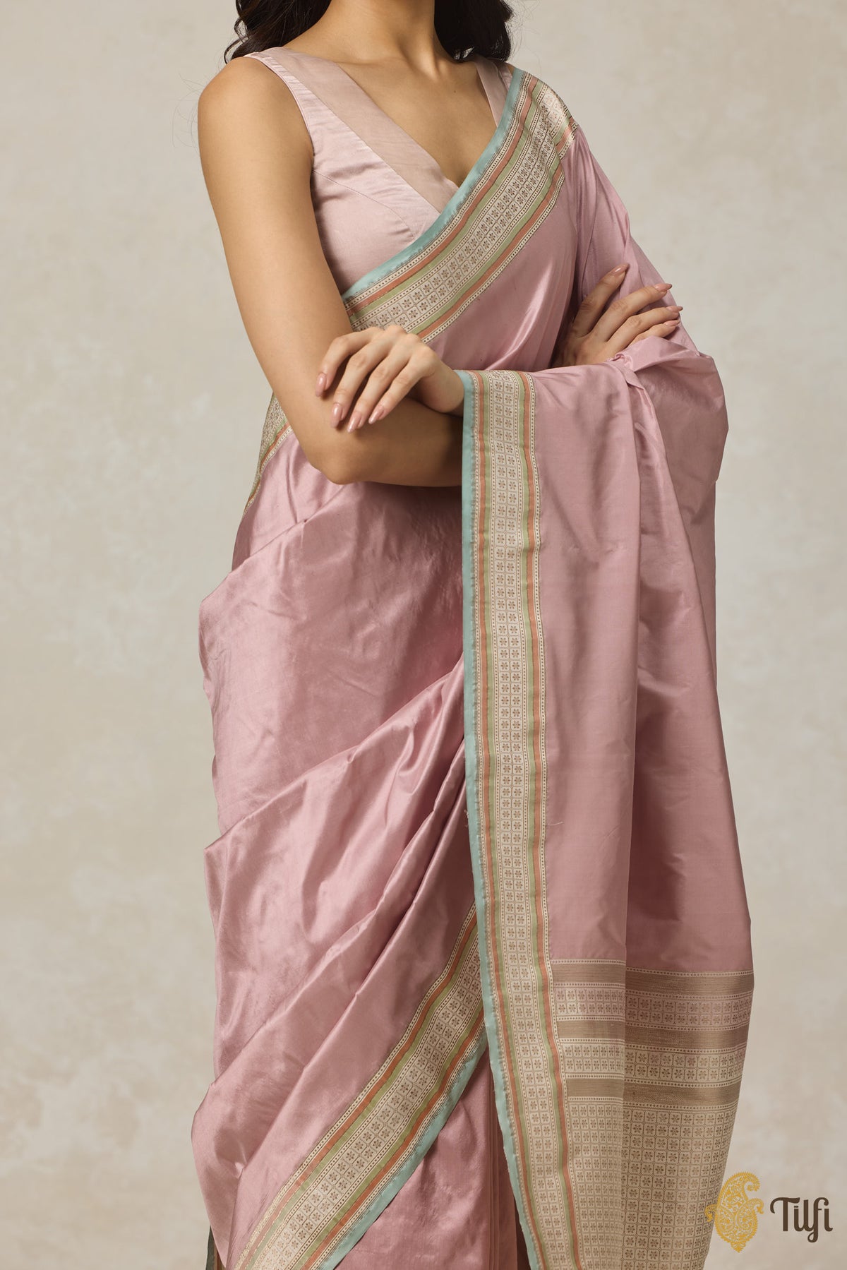 Pastel Pink Pure Katan Silk Banarasi Kadiyal Handloom Saree