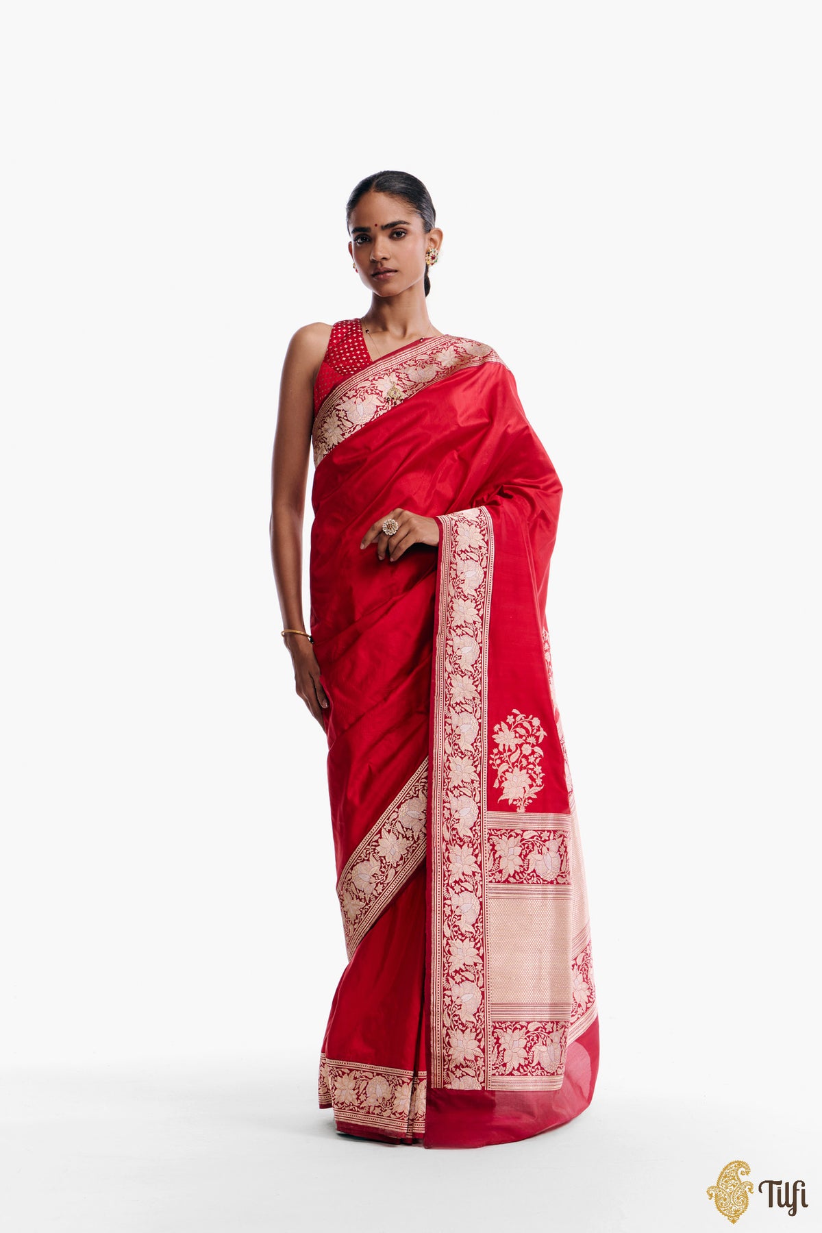 Pre-Order: 'Indu' Red-Maroon Pure Katan Silk Banarasi Kadiyal Handloom Saree