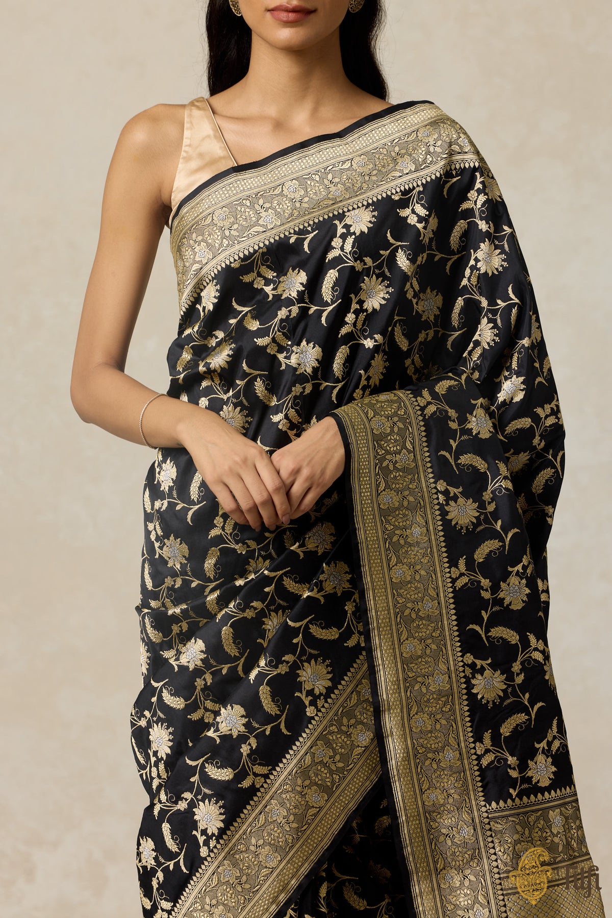 &#39;Ashwini&#39; Black Pure Katan Silk Banarasi Handloom Saree