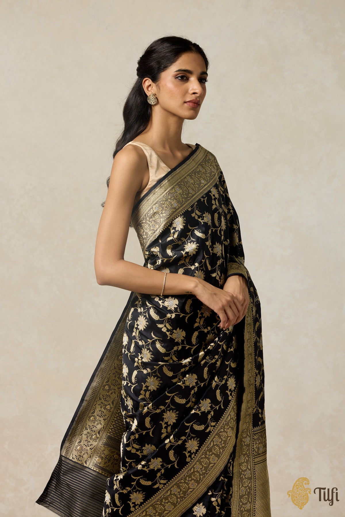 &#39;Ashwini&#39; Black Pure Katan Silk Banarasi Handloom Saree