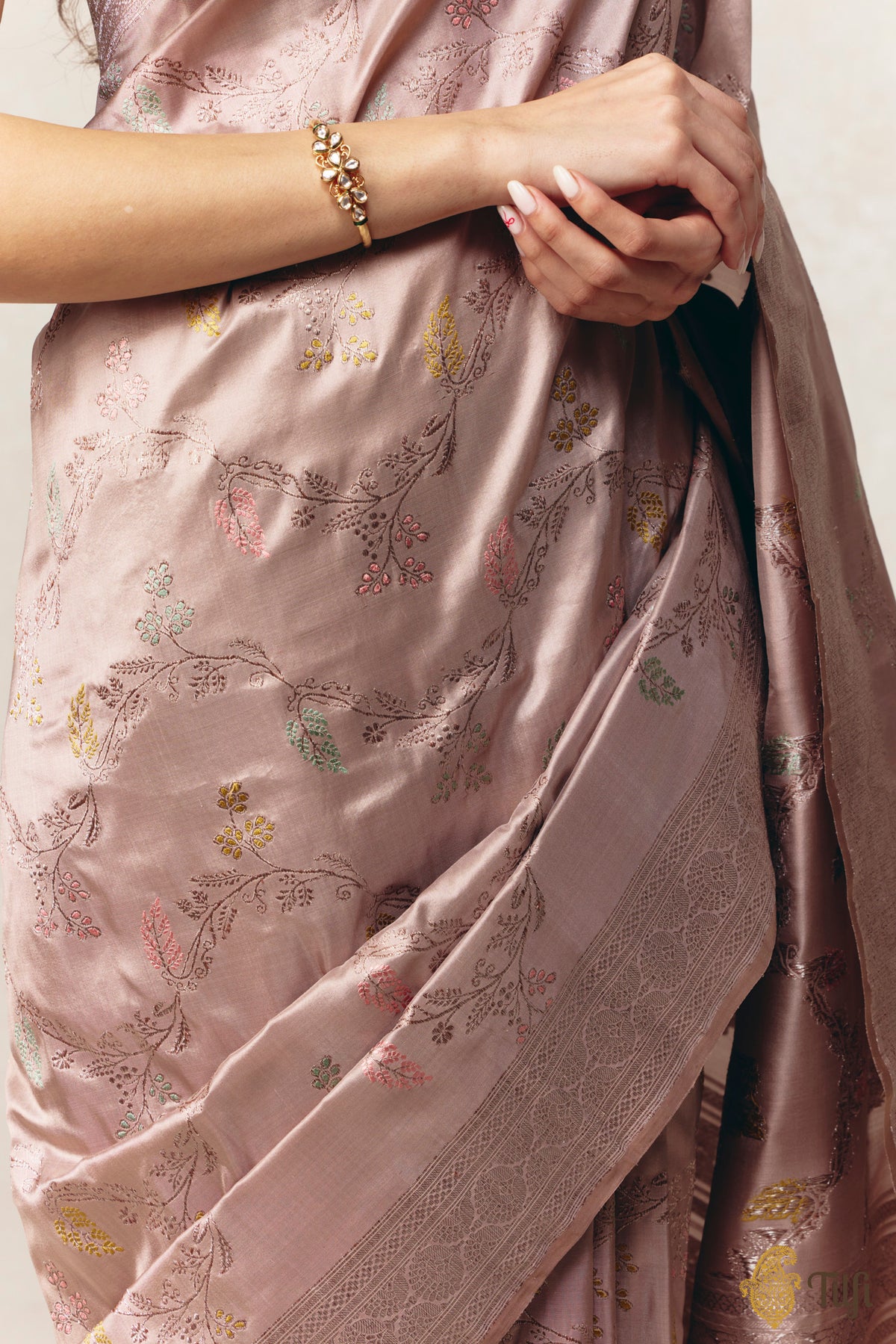 Taupe Brown Pure Katan Silk Antique Rooapa Zari Meena Jangla Saree