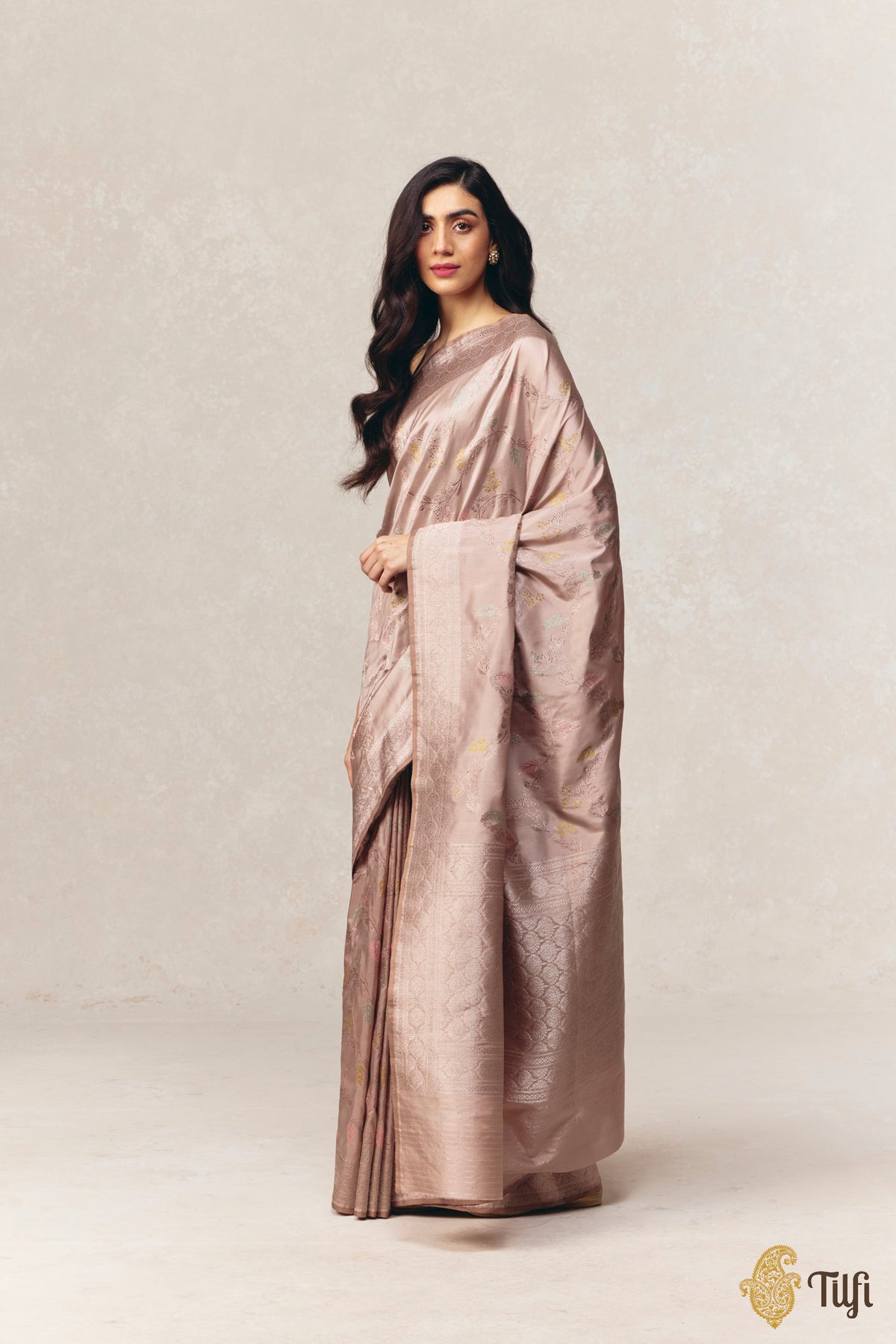 Taupe Brown Pure Katan Silk Antique Rooapa Zari Meena Jangla Saree