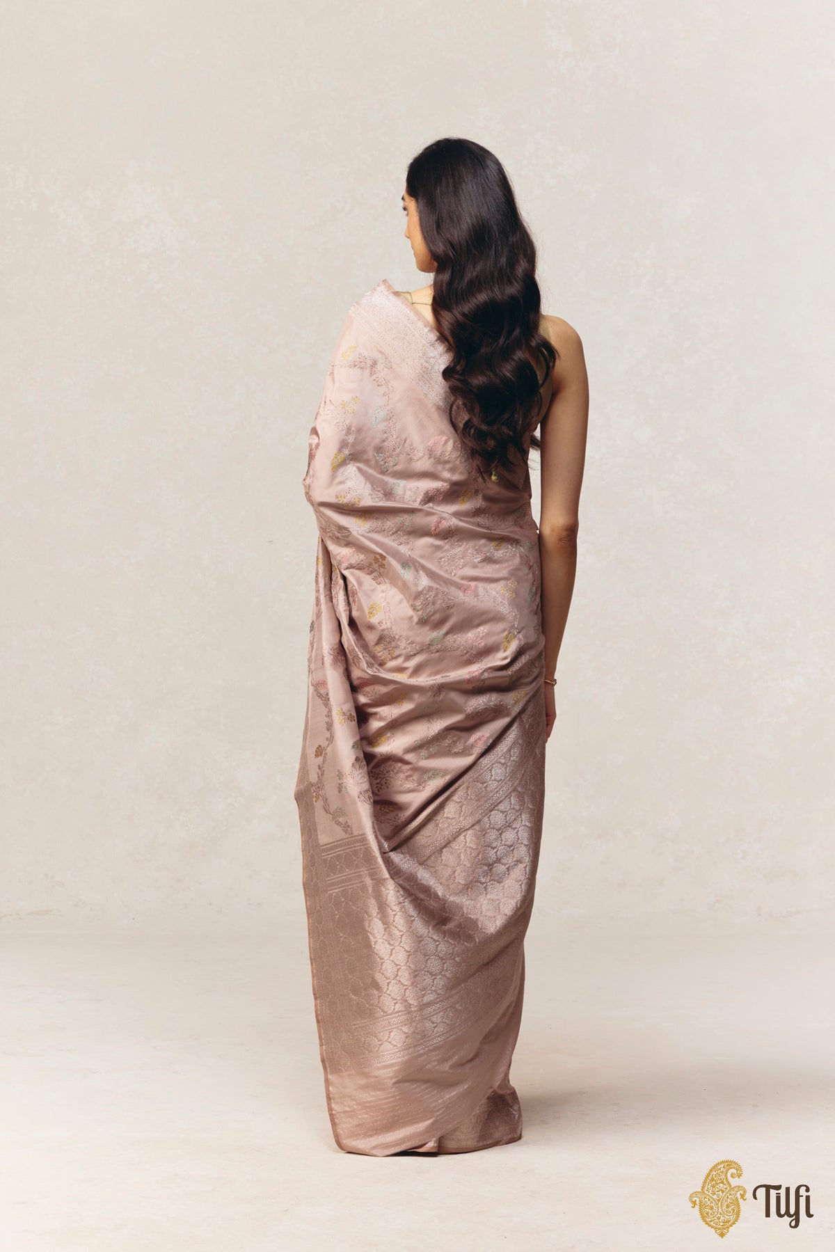 Taupe Brown Pure Katan Silk Antique Rooapa Zari Meena Jangla Saree