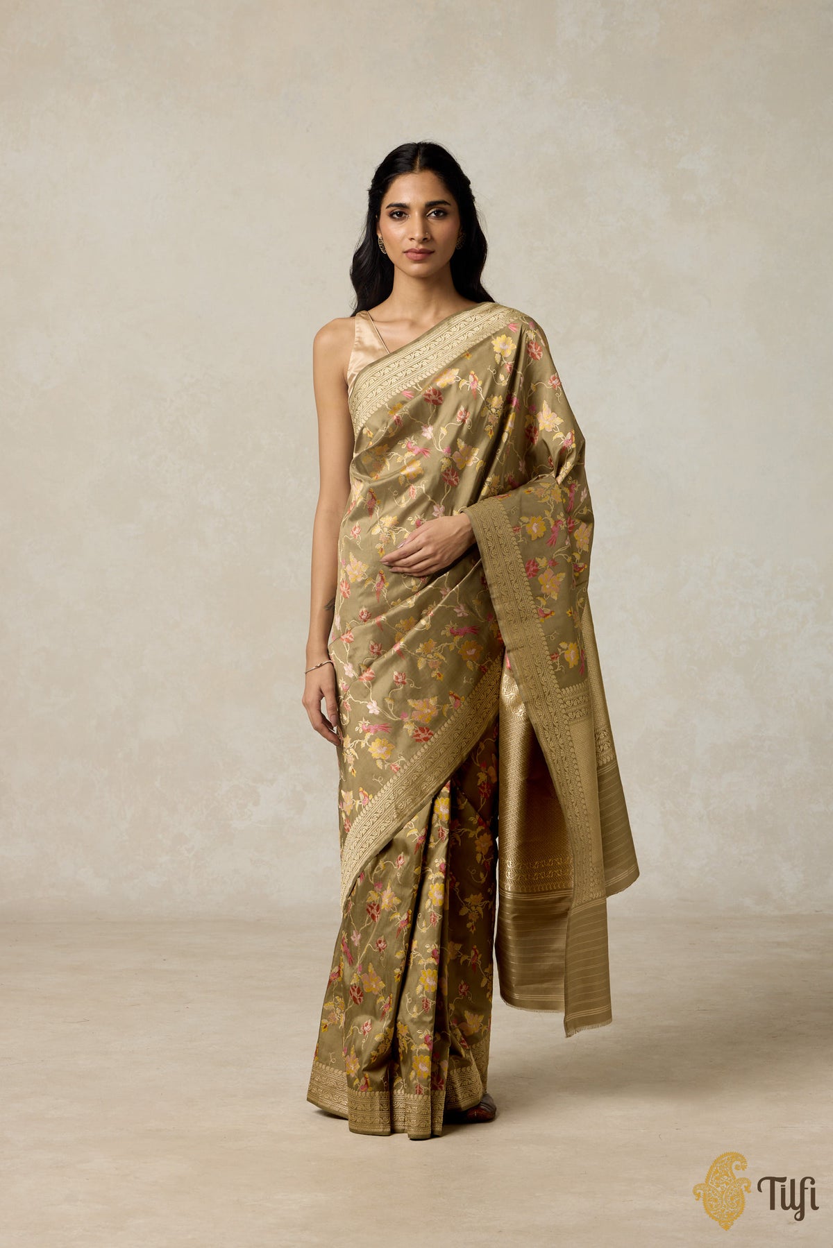 &#39;Juno&#39; Deep Sage Pure Katan Silk Banarasi Handloom Saree