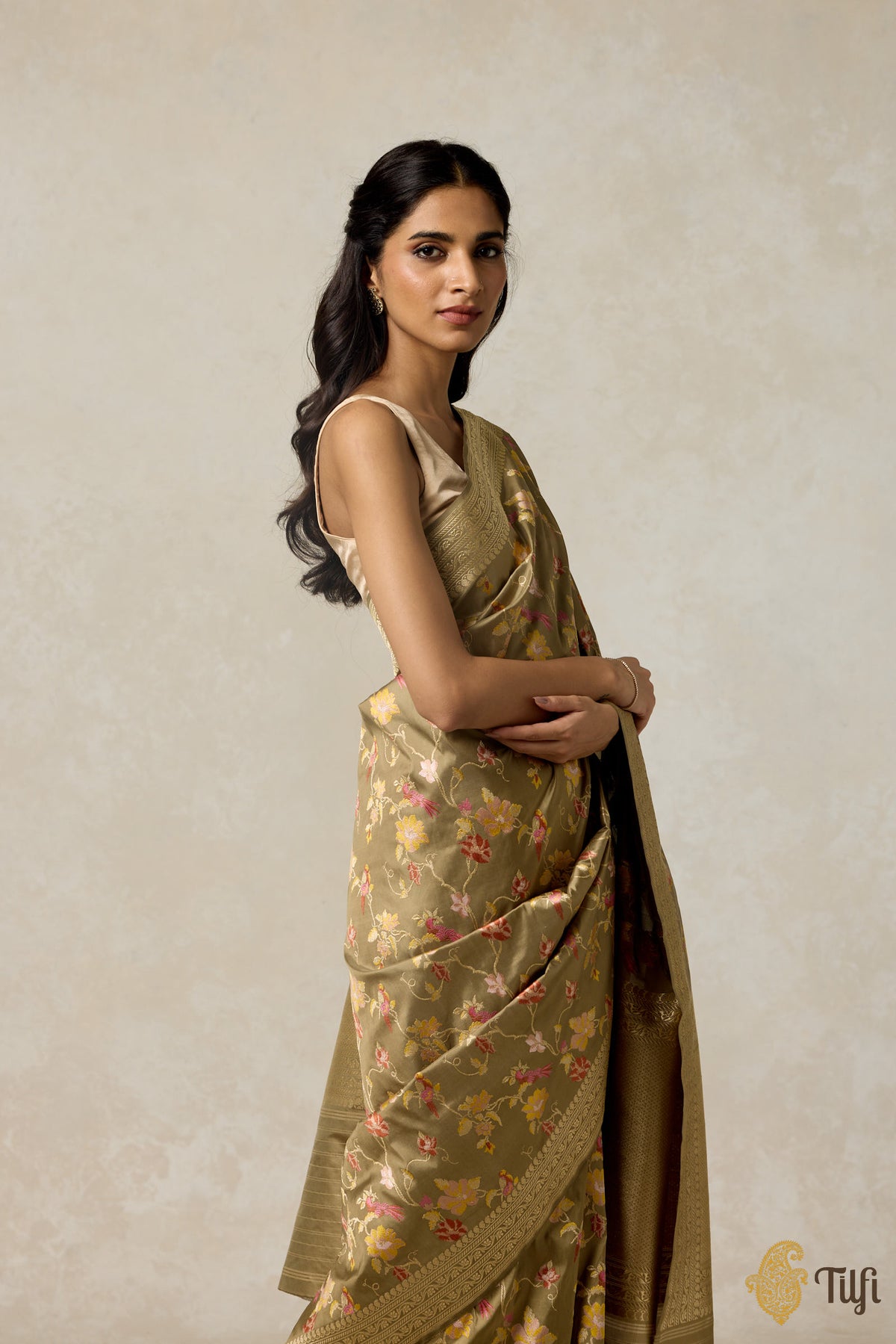 &#39;Juno&#39; Deep Sage Pure Katan Silk Banarasi Handloom Saree