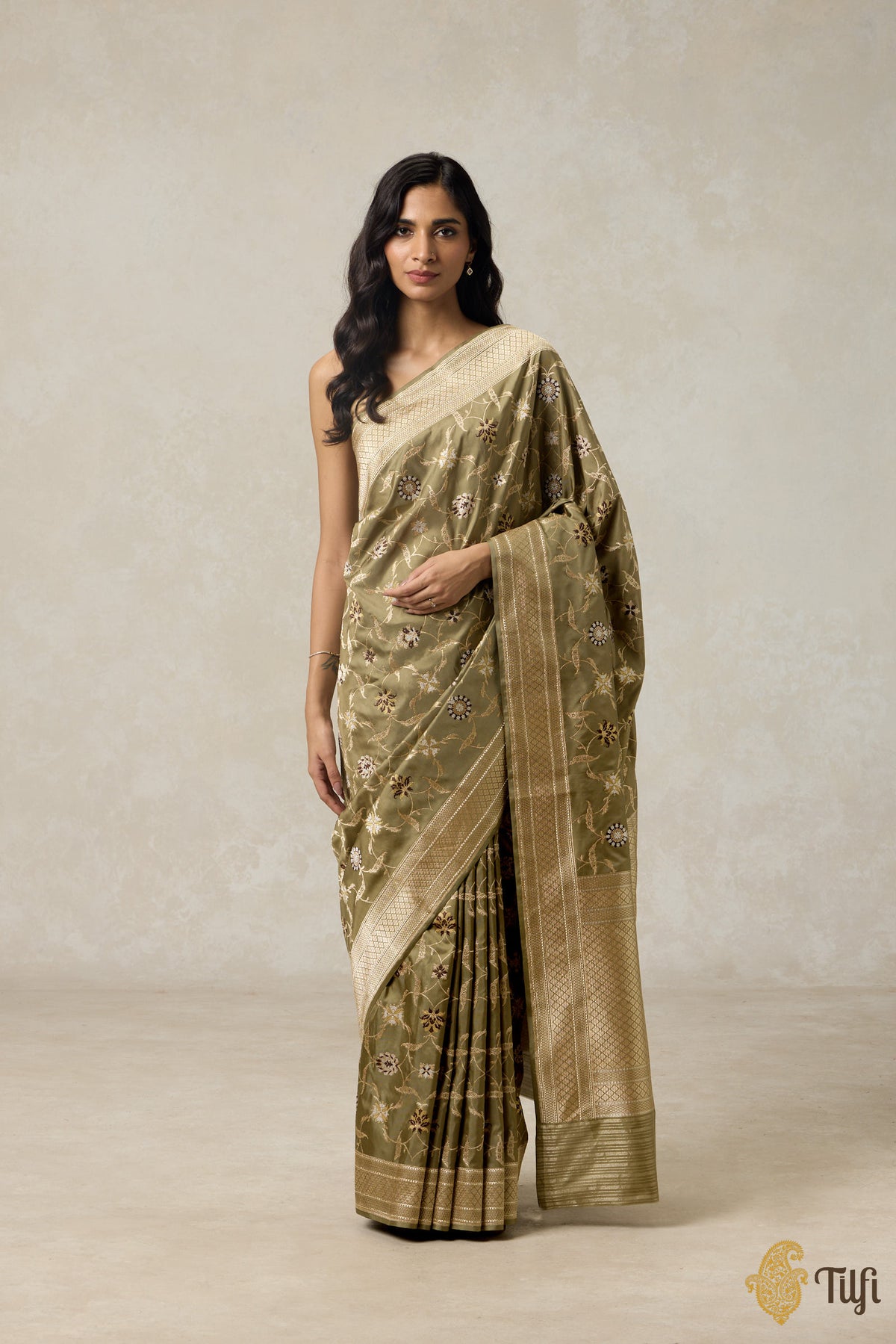 Pre-Order: Dusty Olive Pure Katan Silk Banarasi Handloom Saree