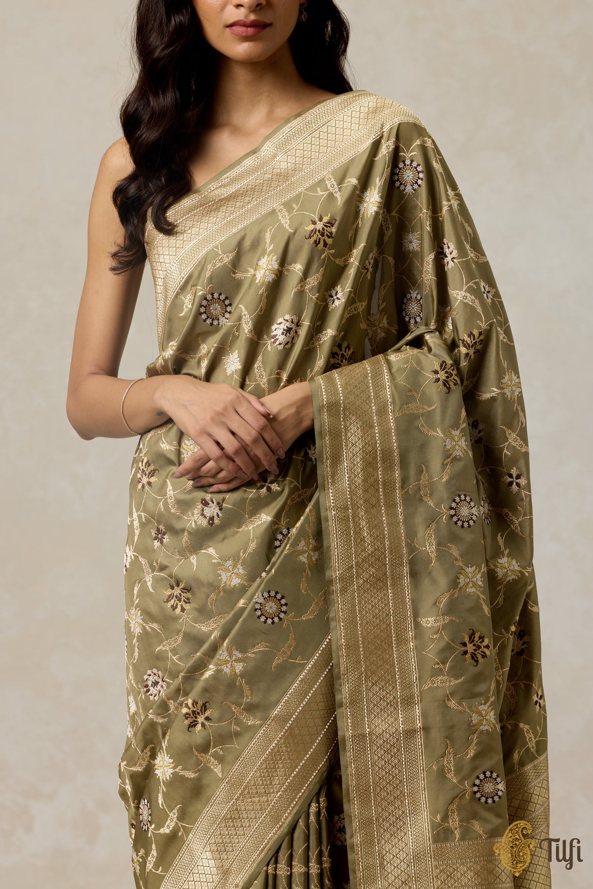 Pre-Order: Dusty Olive Pure Katan Silk Banarasi Handloom Saree