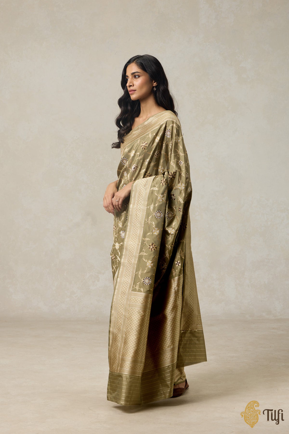 Pre-Order: Dusty Olive Pure Katan Silk Banarasi Handloom Saree