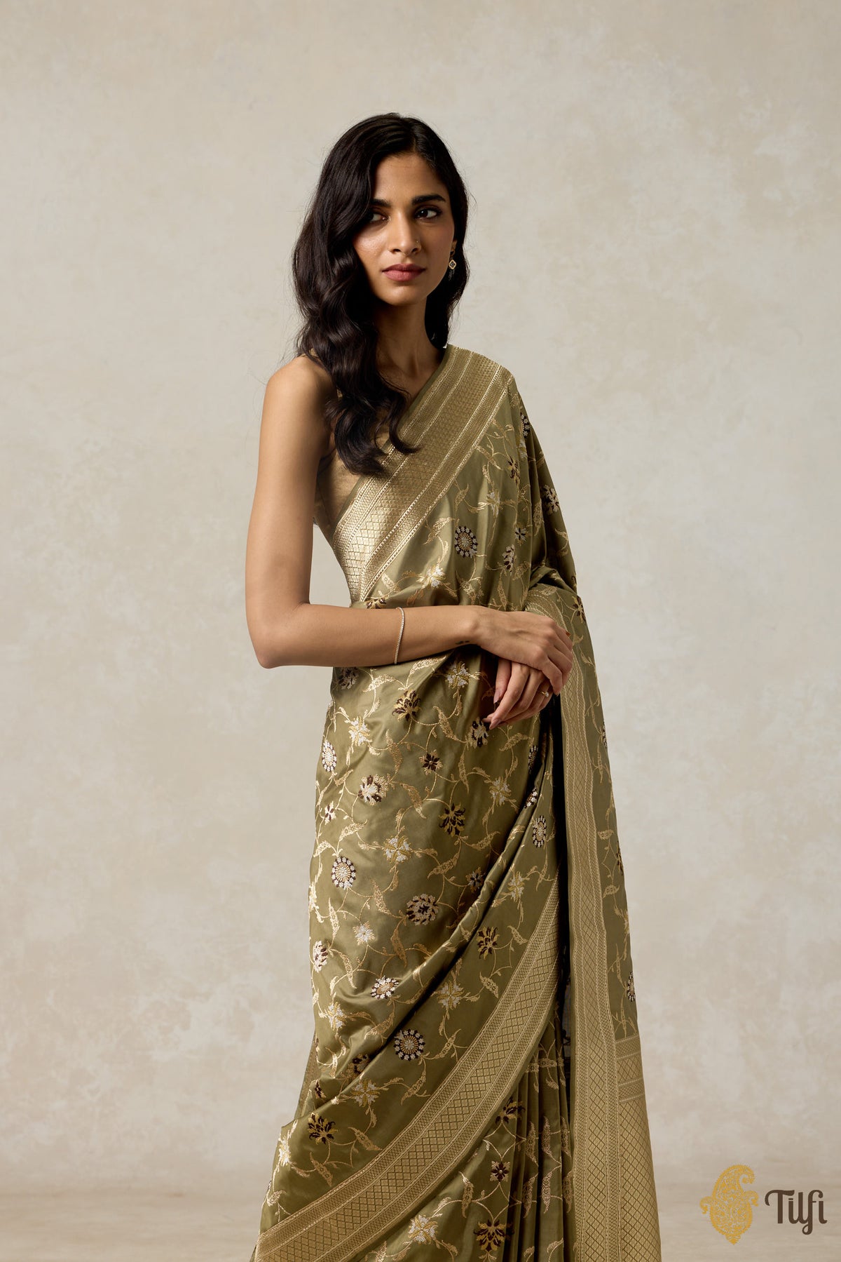 Pre-Order: Dusty Olive Pure Katan Silk Banarasi Handloom Saree