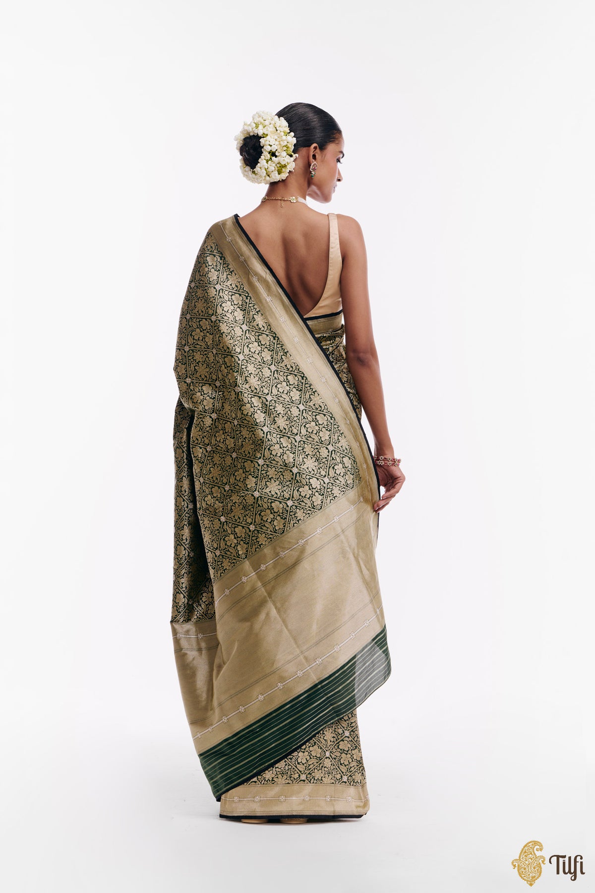 'Kalpana' Black-Green Pure Katan Silk Banarasi Handloom Saree