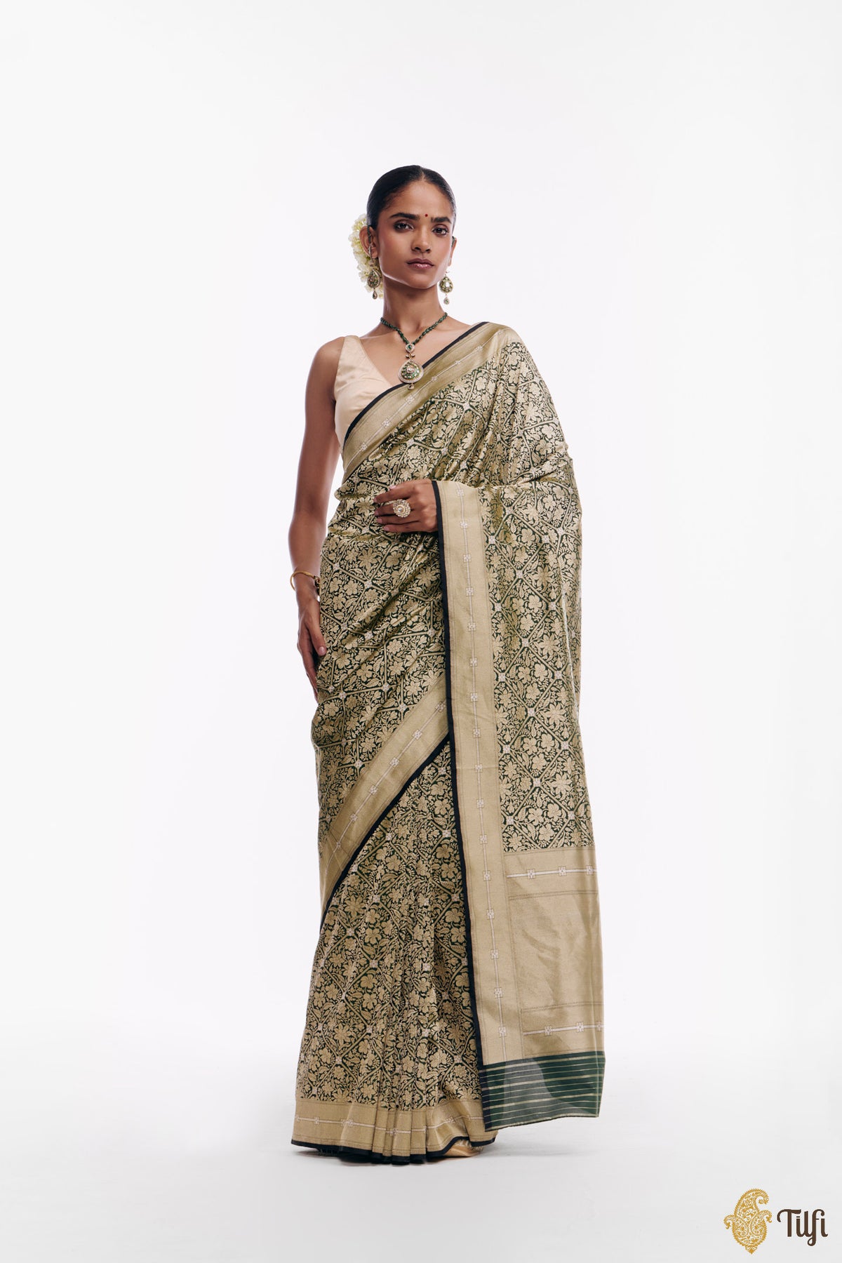 'Kalpana' Black-Green Pure Katan Silk Banarasi Handloom Saree