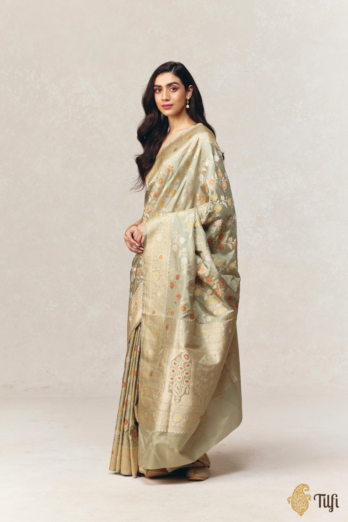 'Adah' Pastel Sage Green Pure Katan Silk Banarasi Handloom Saree