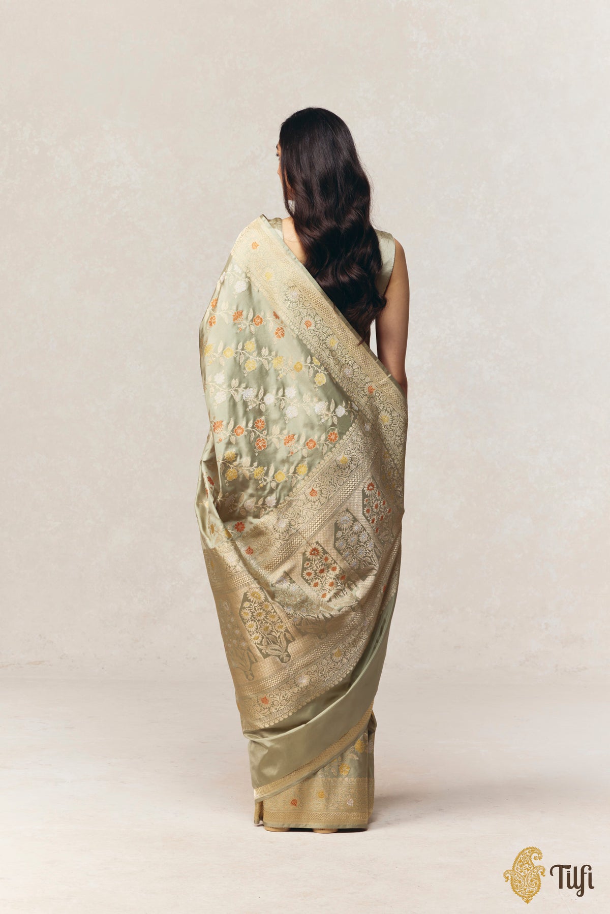 'Adah' Pastel Sage Green Pure Katan Silk Banarasi Handloom Saree