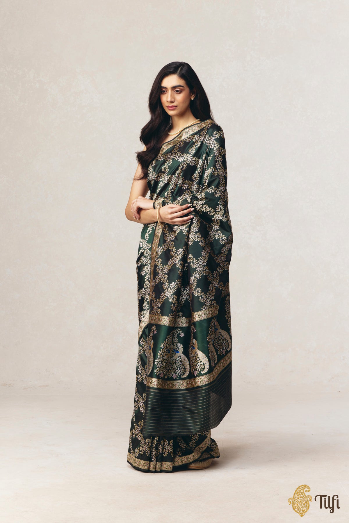 Pre-Order: 'Komal Vihang' Bottle Green Pure Katan Silk Banarasi Handloom Saree