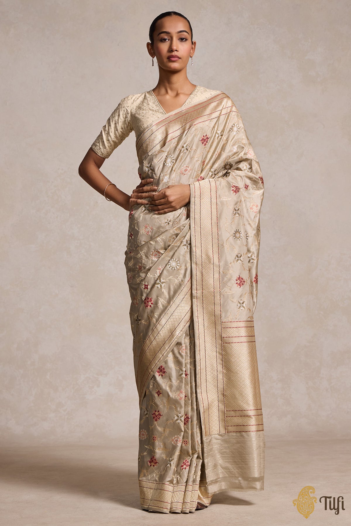 Taupe Beige Pure Katan Silk Banarasi Handloom Saree