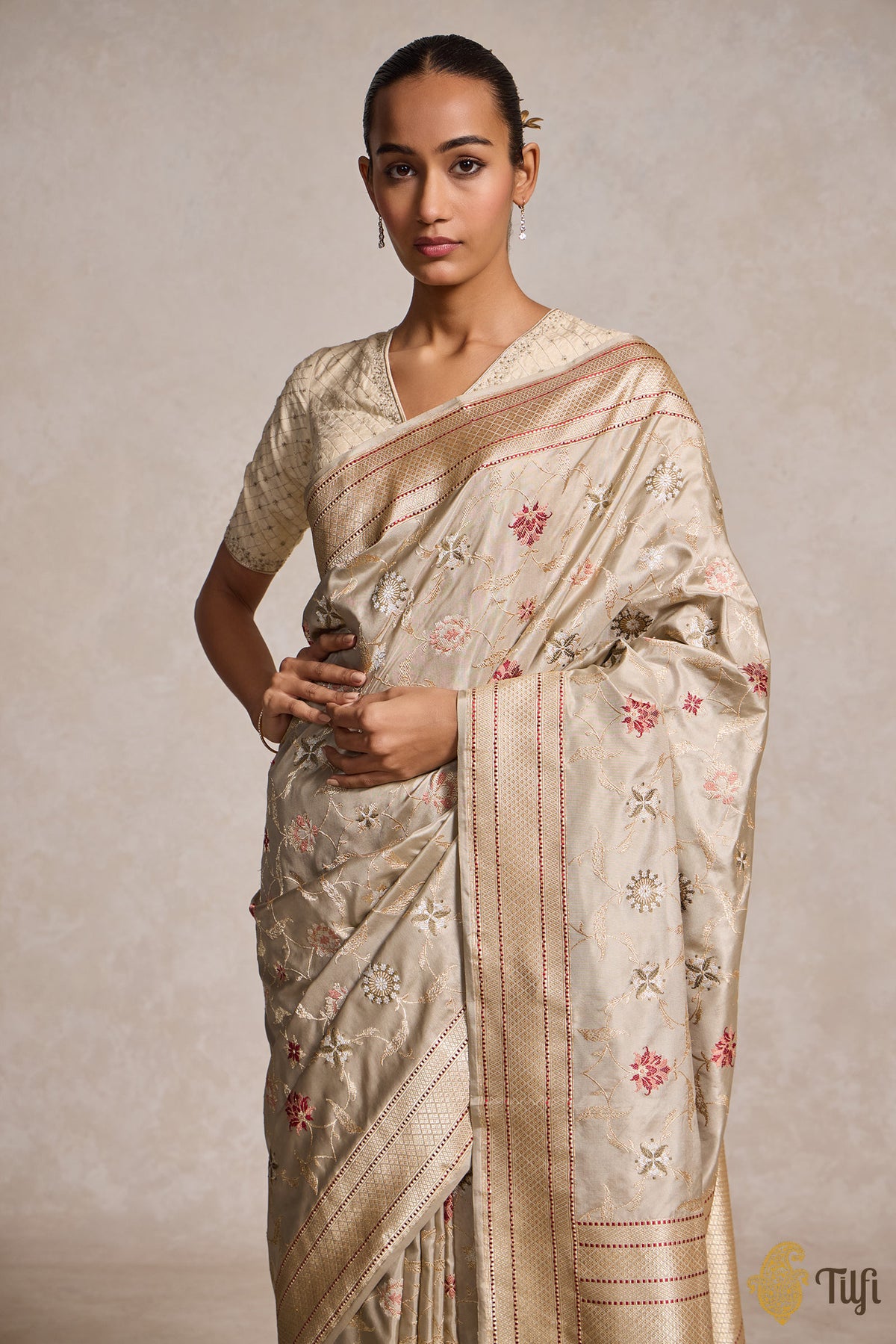 Taupe Beige Pure Katan Silk Banarasi Handloom Saree