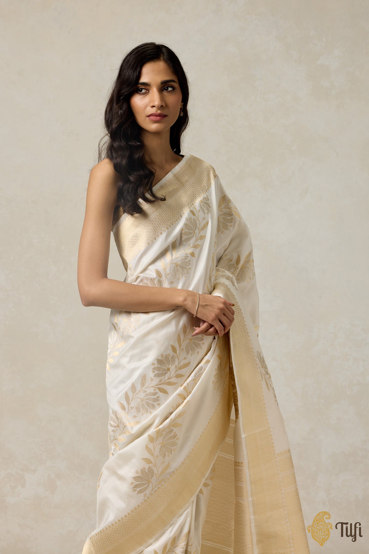 White Pure Katan Silk Banarasi Handloom Saree