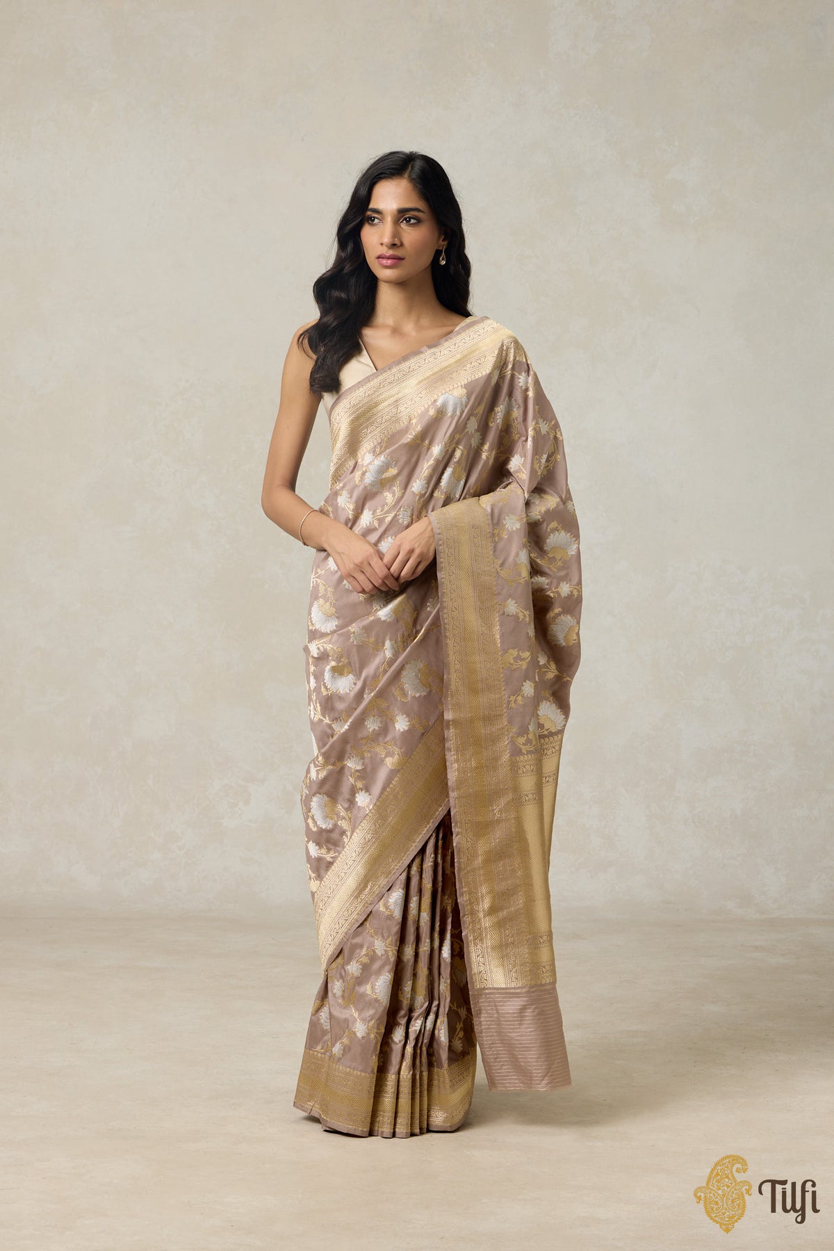 &#39;Menaka&#39; Nude Pink Pure Katan Silk Banarasi Handloom Saree