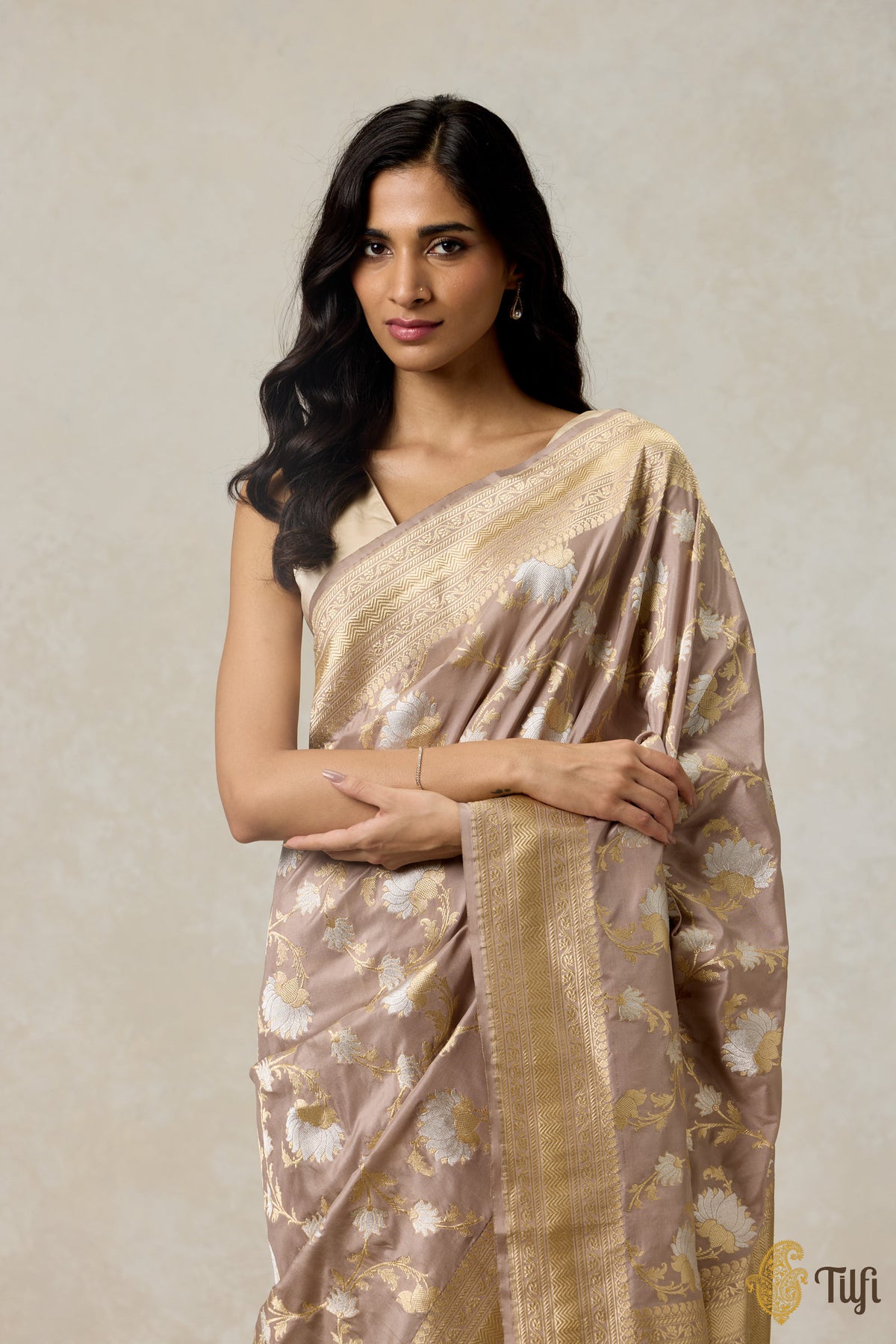 &#39;Menaka&#39; Nude Pink Pure Katan Silk Banarasi Handloom Saree