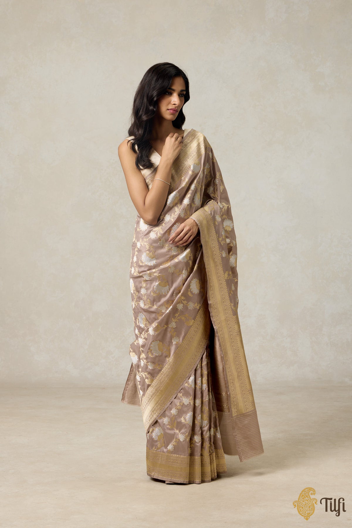 &#39;Menaka&#39; Nude Pink Pure Katan Silk Banarasi Handloom Saree