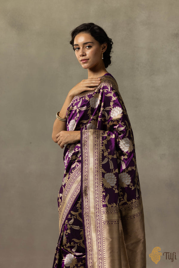 Pre-Order: 'Suvarna' Black-Purple Pure Katan Silk Banarasi Handloom Sa ...