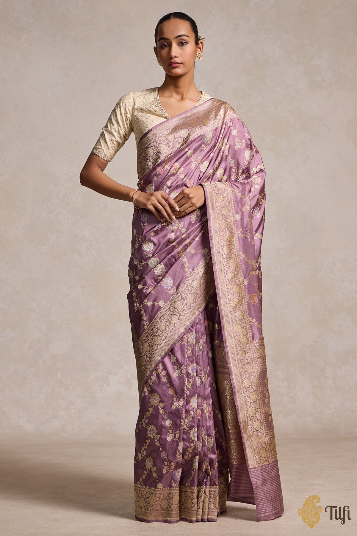 &#39;Keya&#39; Mauve Lilac Pure Katan Silk Banarasi Handloom Saree