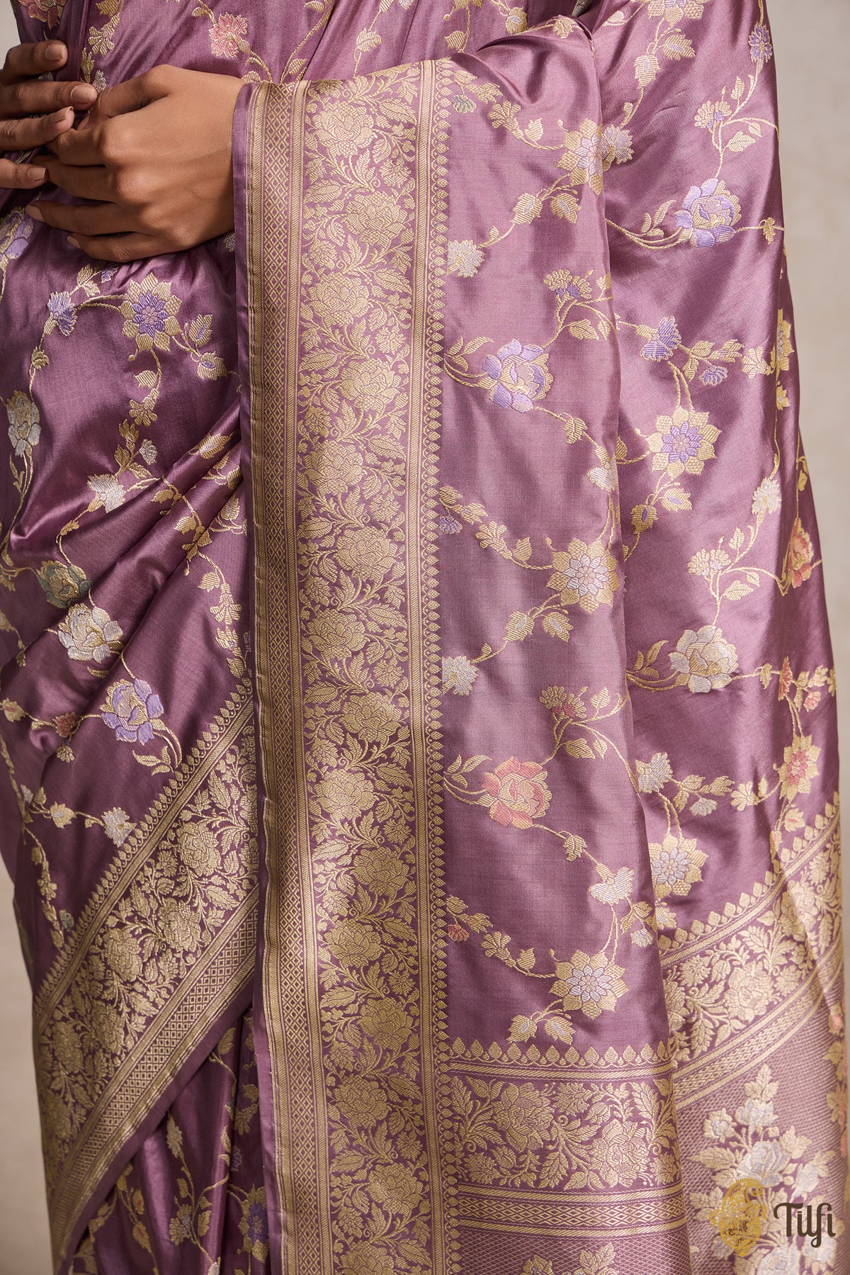 &#39;Keya&#39; Mauve Lilac Pure Katan Silk Banarasi Handloom Saree