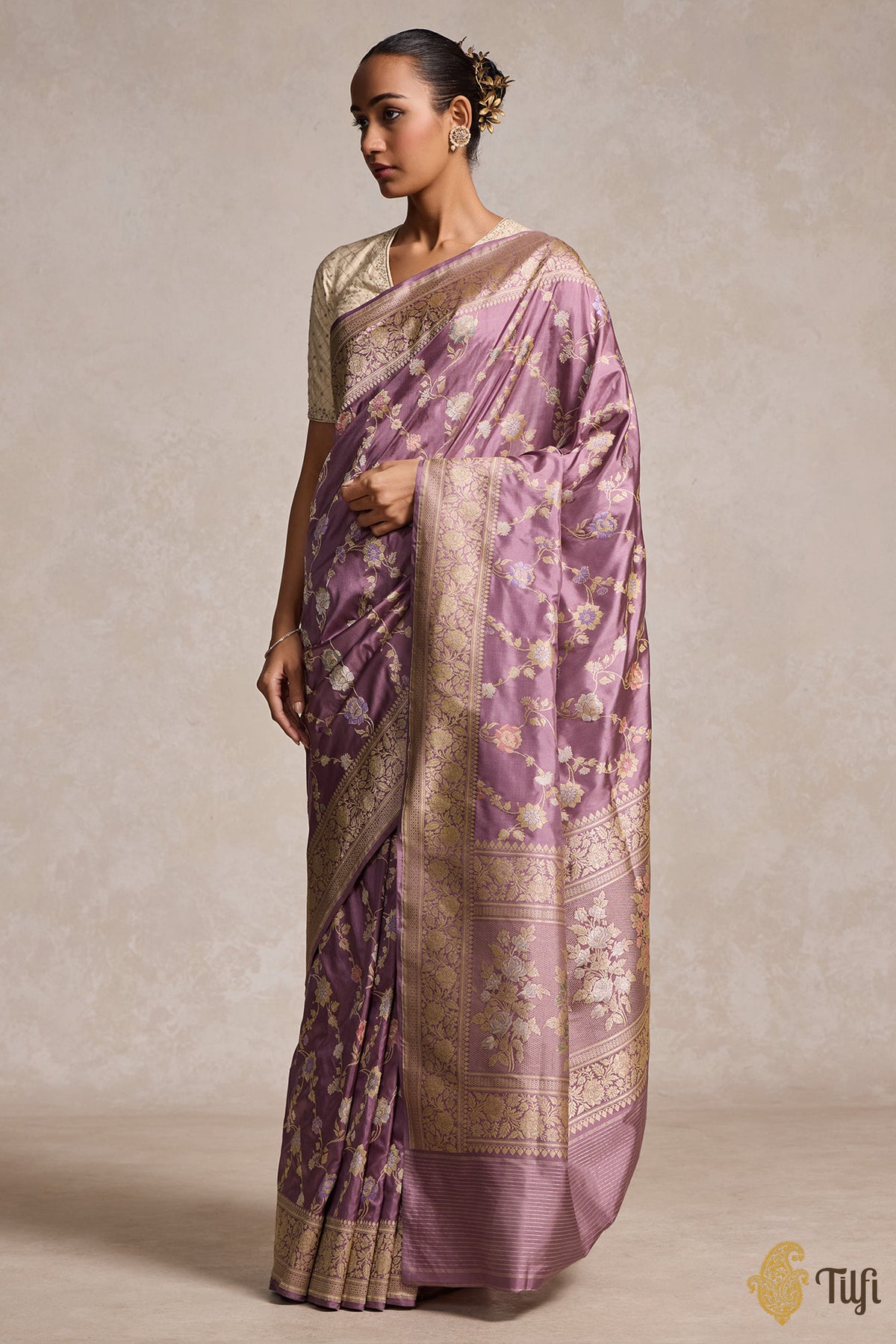 &#39;Keya&#39; Mauve Lilac Pure Katan Silk Banarasi Handloom Saree