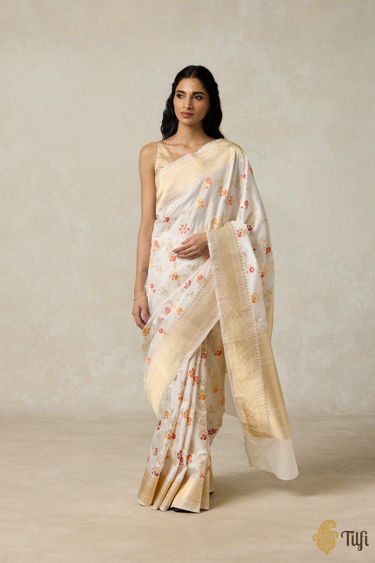 White Pure Katan Silk Banarasi Handloom Saree