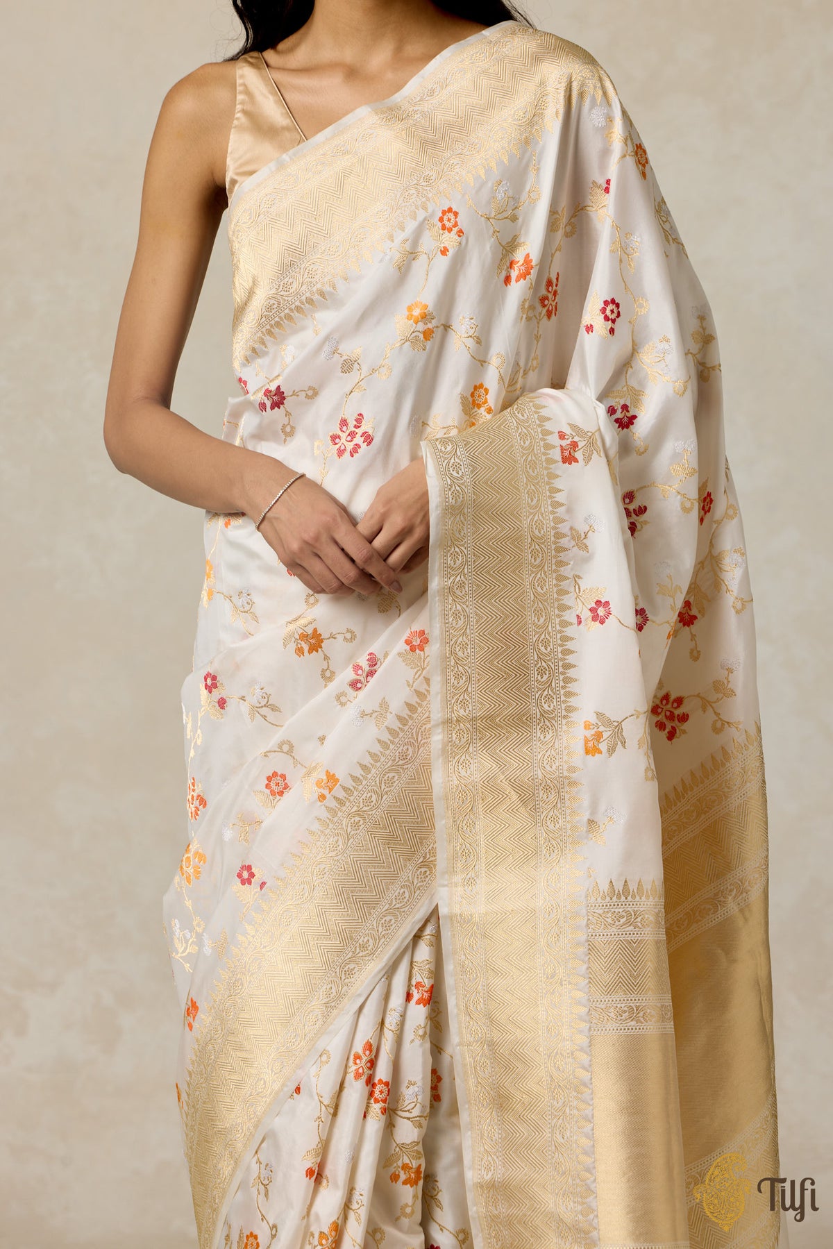 White Pure Katan Silk Banarasi Handloom Saree