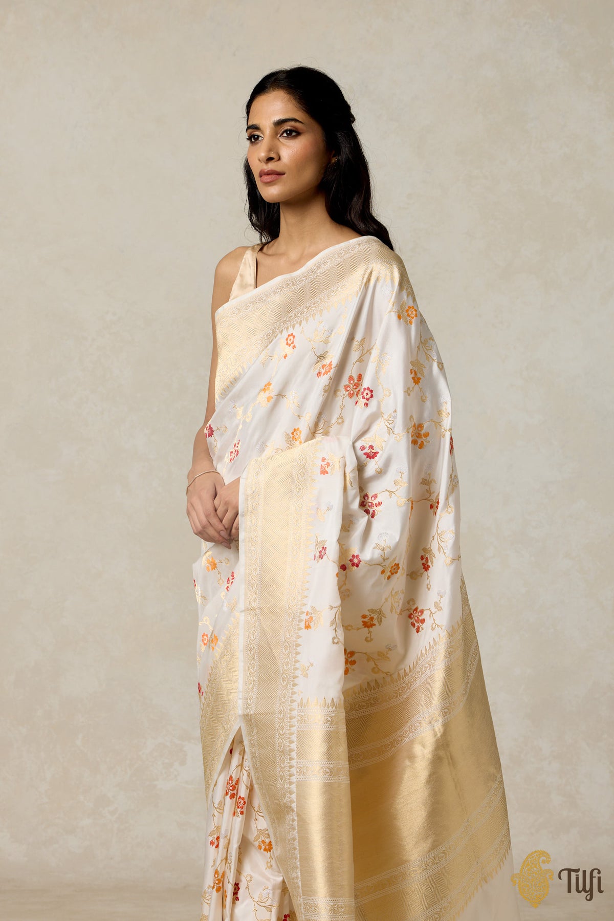 White Pure Katan Silk Banarasi Handloom Saree