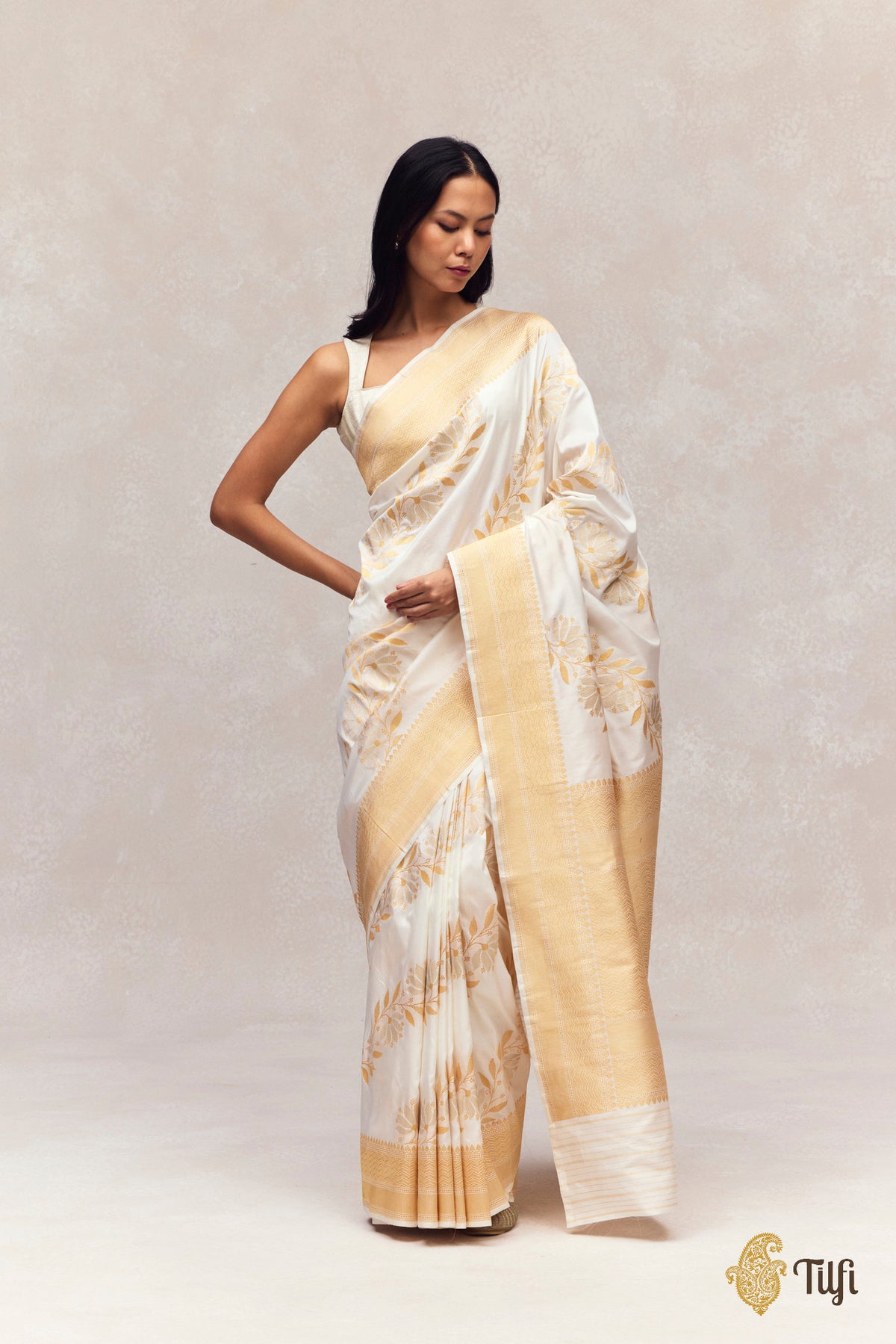 White Pure Katan Silk Banarasi Handloom Saree