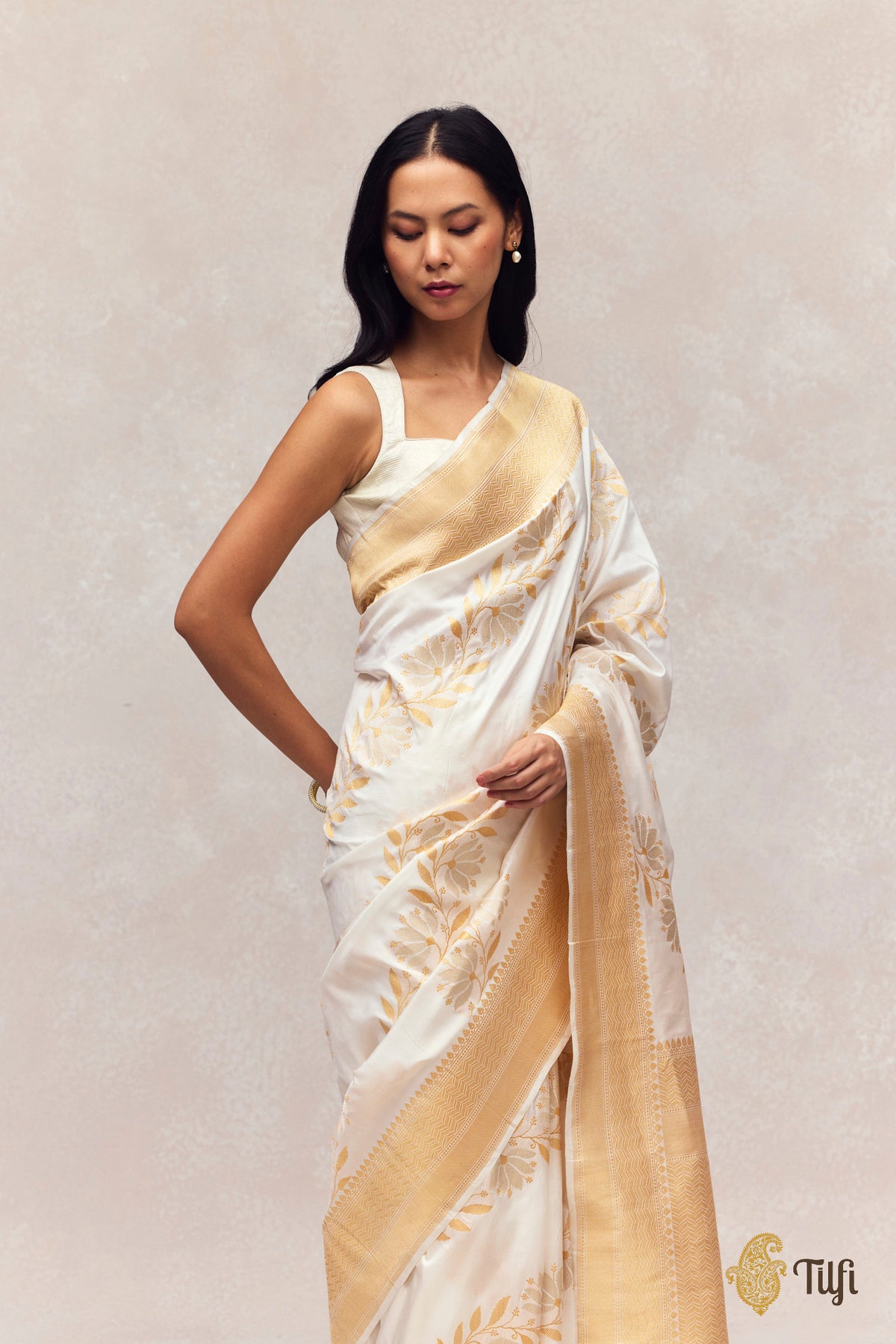 White Pure Katan Silk Banarasi Handloom Saree