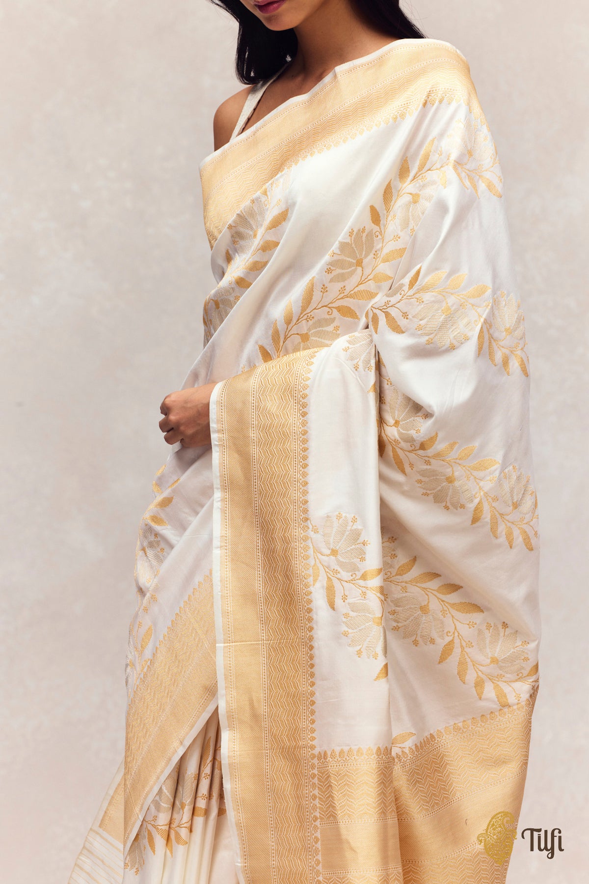White Pure Katan Silk Banarasi Handloom Saree