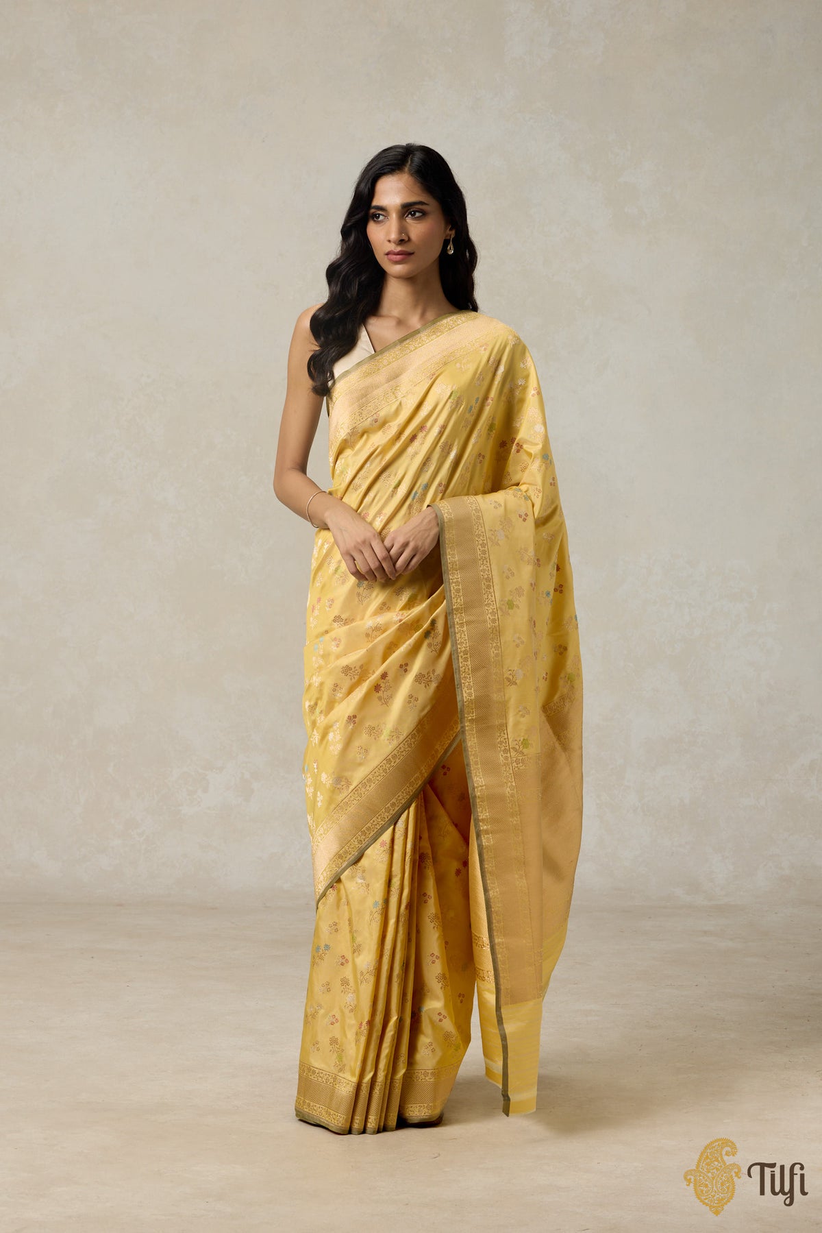 Pre-Order: &#39;Marie&#39; Light Yellow Pure Katan Silk Banarasi Handloom Saree