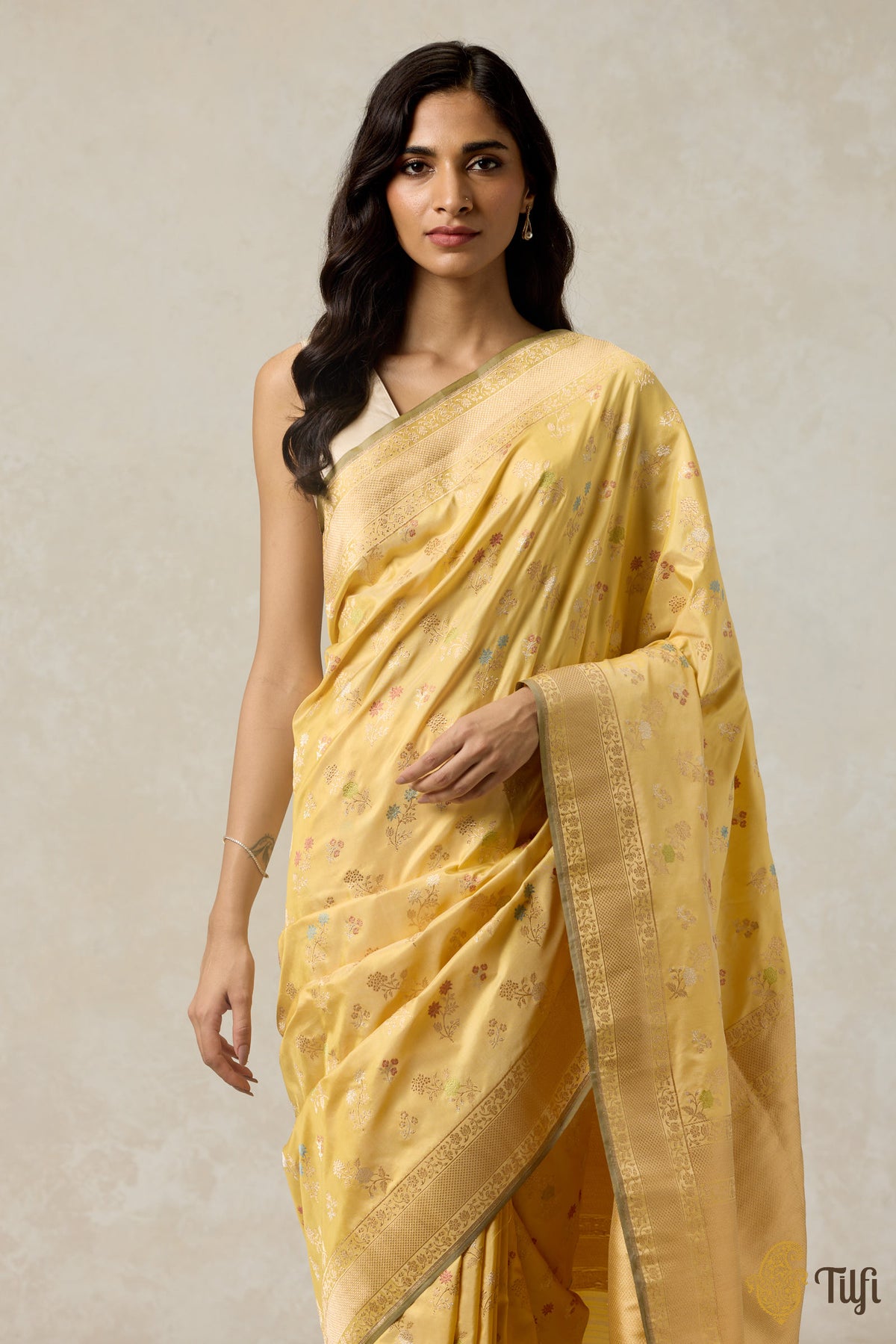 Pre-Order: &#39;Marie&#39; Light Yellow Pure Katan Silk Banarasi Handloom Saree