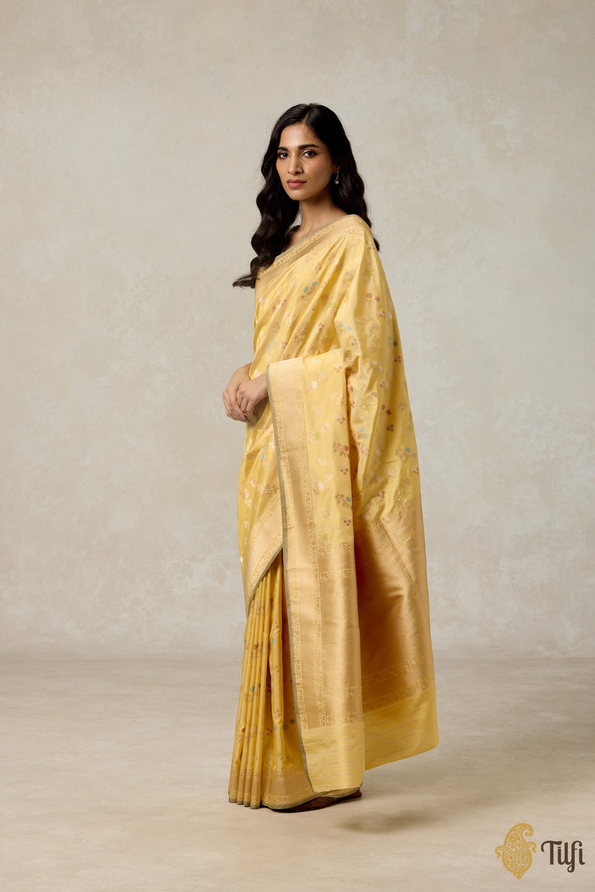 Pre-Order: &#39;Marie&#39; Light Yellow Pure Katan Silk Banarasi Handloom Saree