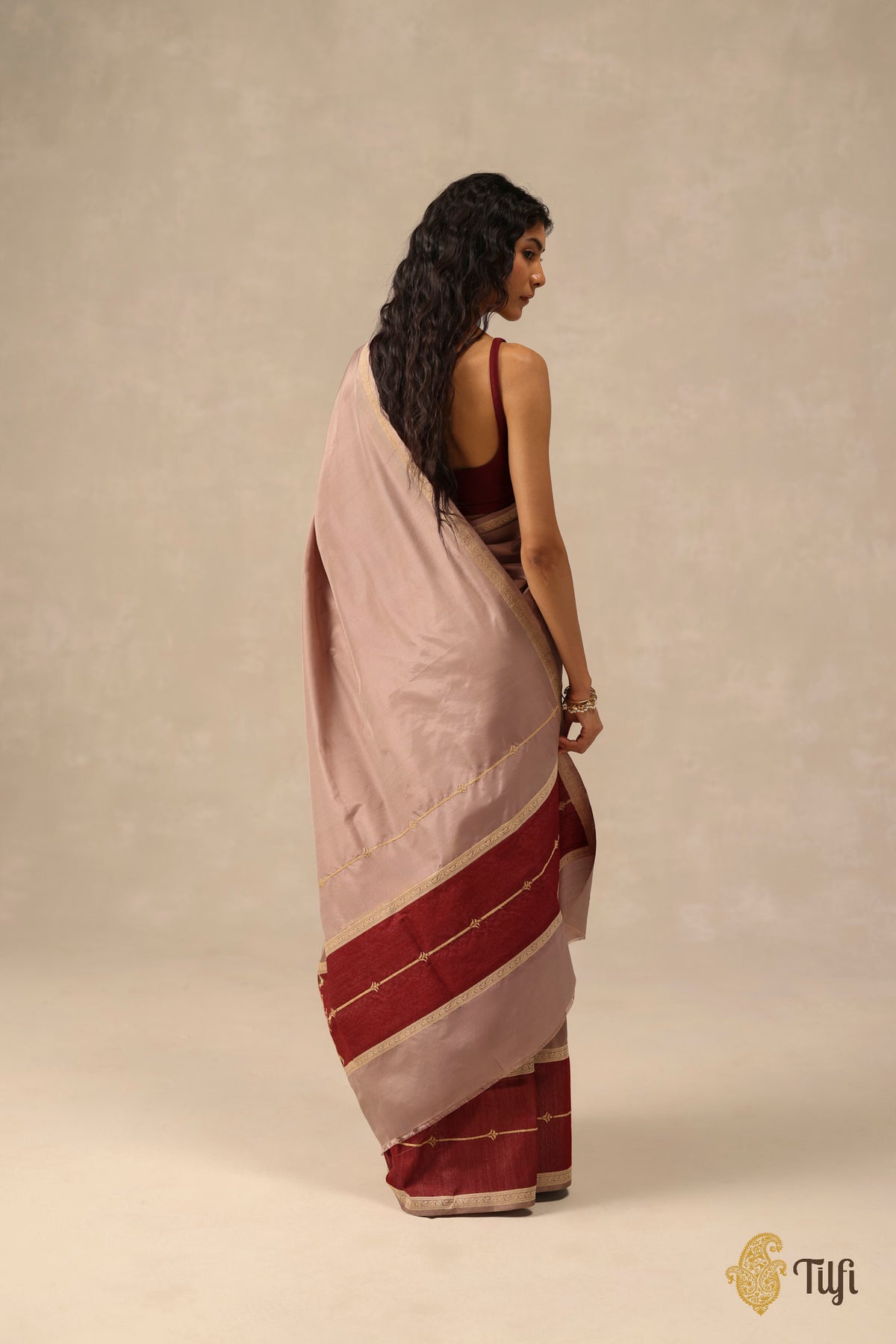 'Sienna' Beige-Burgundy Pure Katan Gheecha Silk Banarasi Handloom Saree
