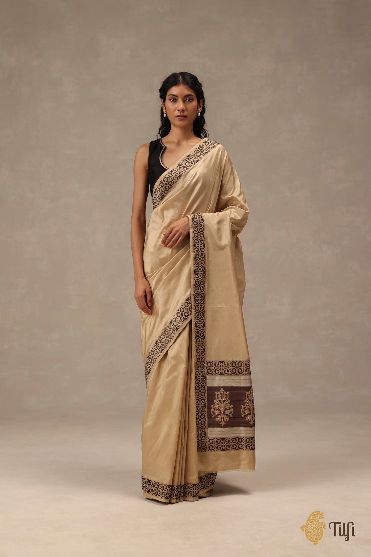 'Alba' Beige-Gold Pure Katan Gheecha Silk Banarasi Handloom Saree