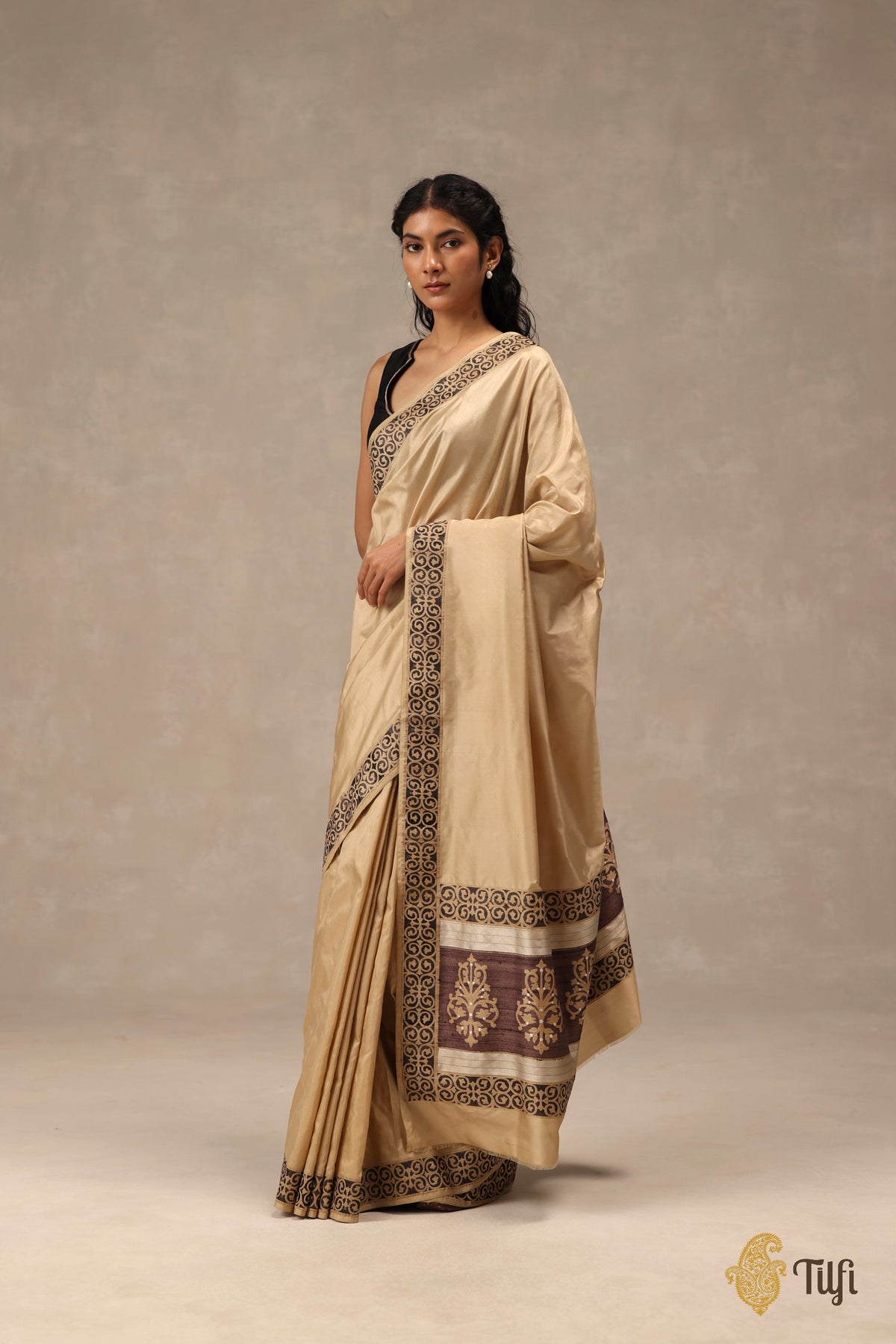 'Alba' Beige-Gold Pure Katan Gheecha Silk Banarasi Handloom Saree