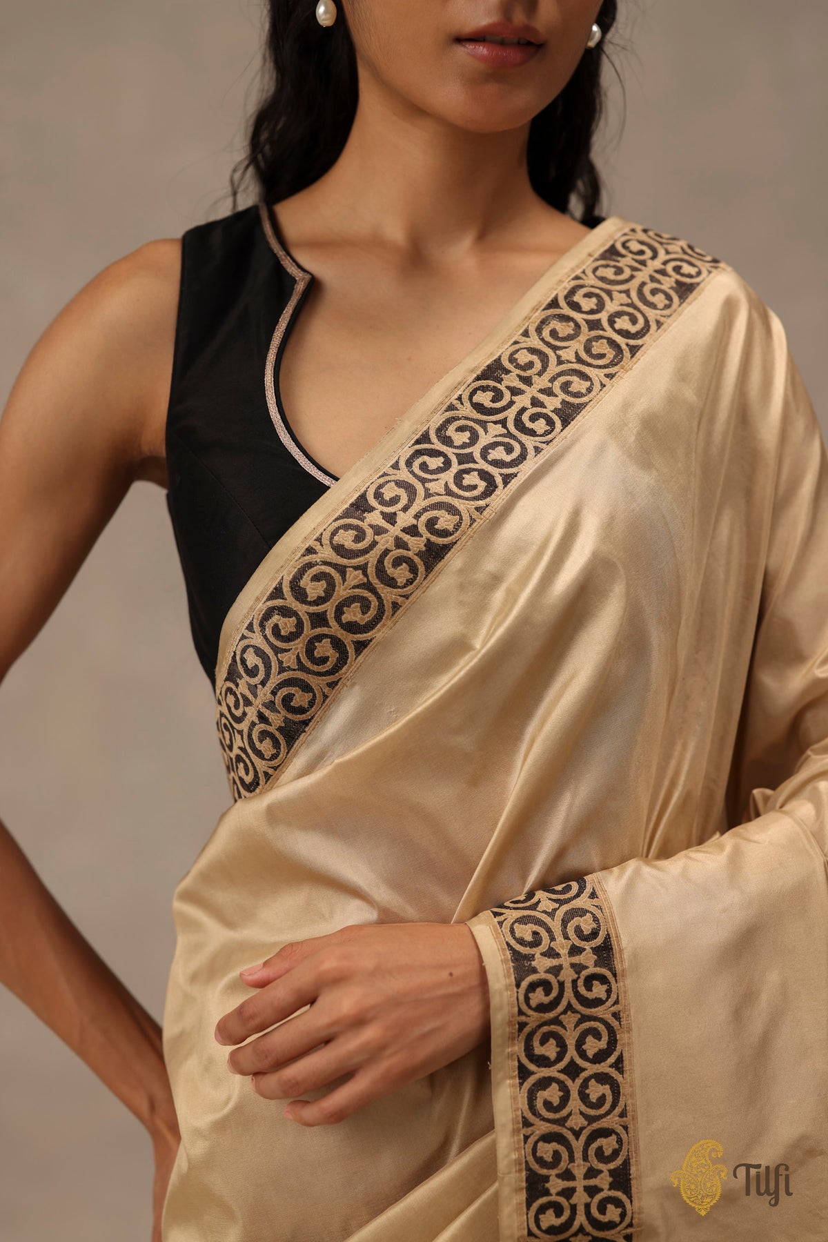 'Alba' Beige-Gold Pure Katan Gheecha Silk Banarasi Handloom Saree