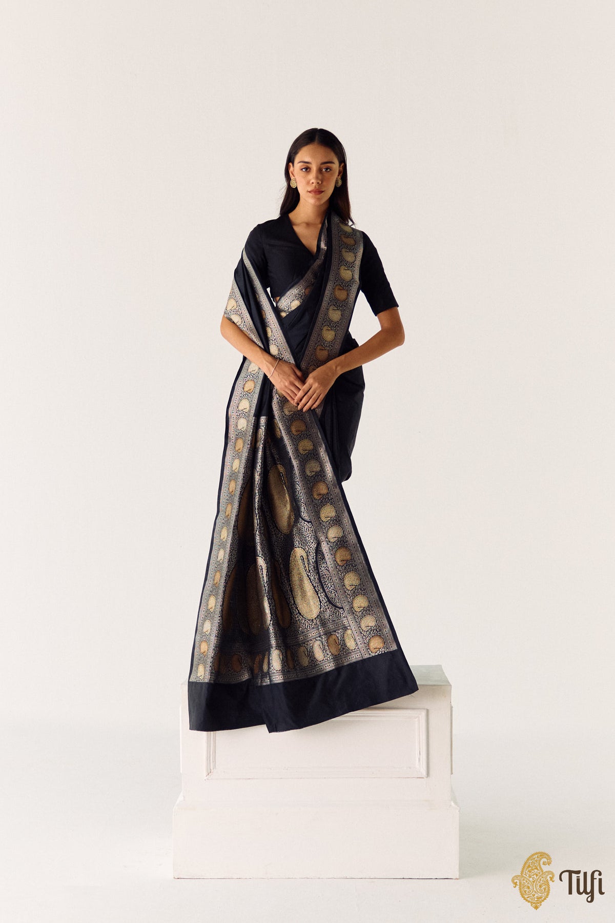 &#39;Uttara&#39; Black Pure Katan Silk Banarasi Handloom Saree