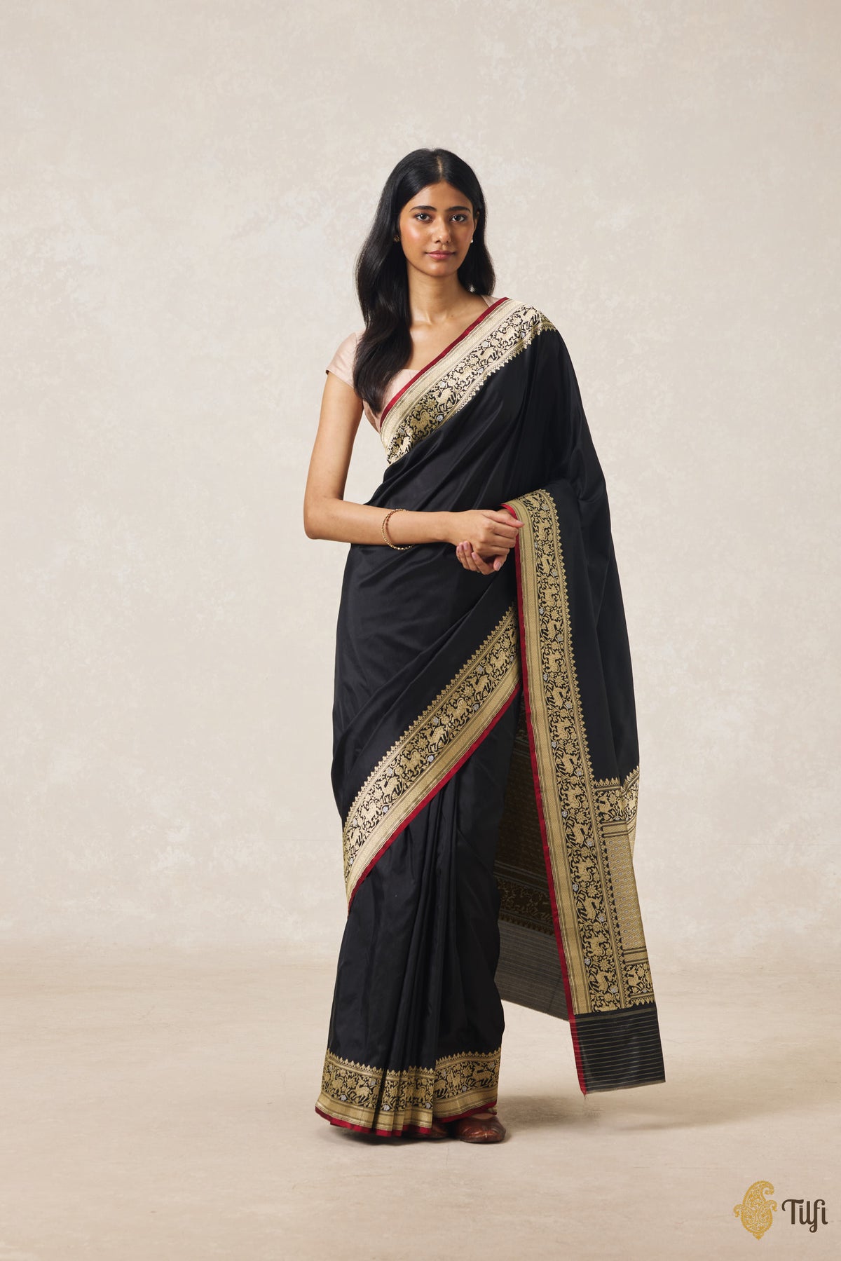 Pre-Order: Black Pure Katan Silk Banarasi Handloom Shikargah Saree
