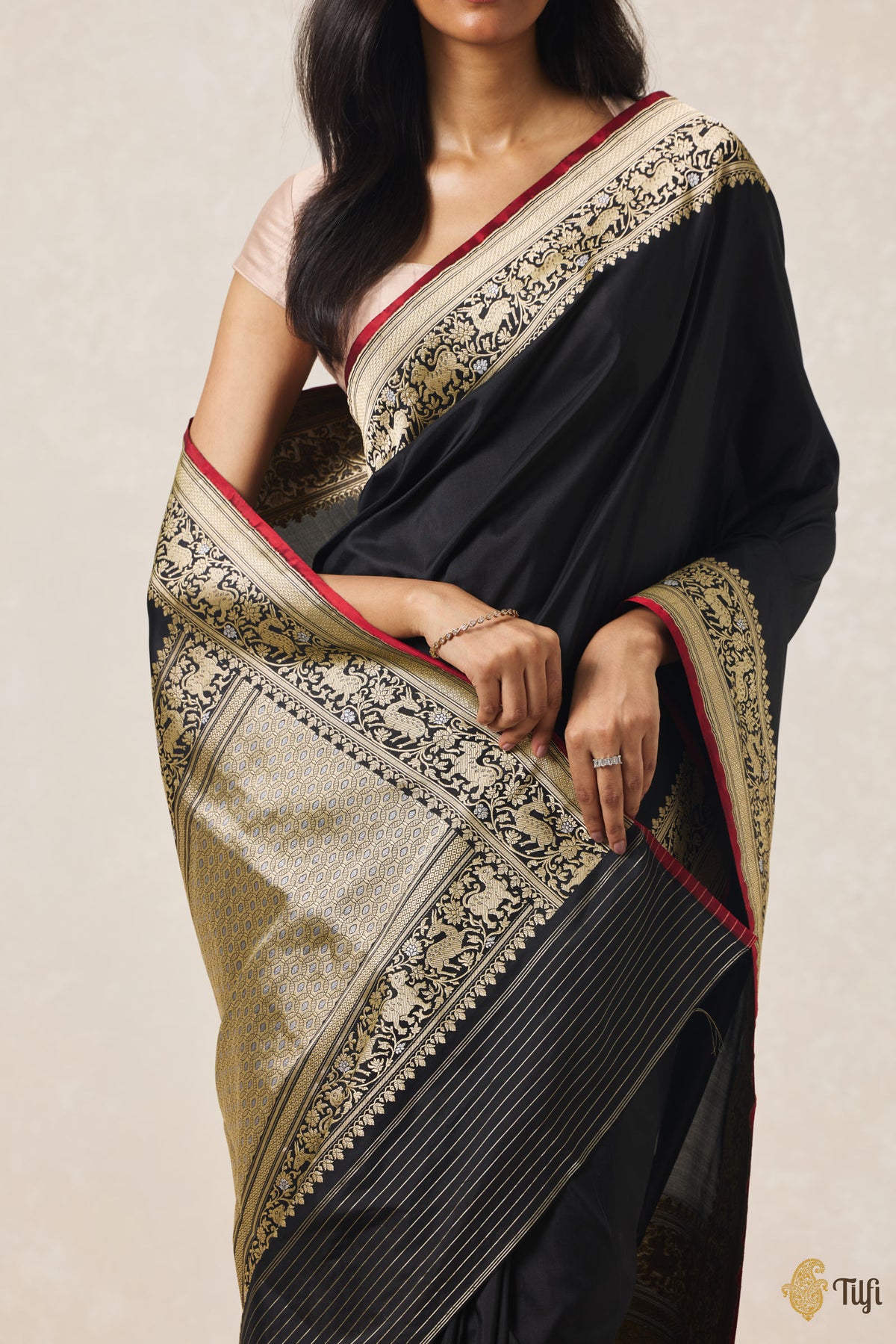 Pre-Order: Black Pure Katan Silk Banarasi Handloom Shikargah Saree