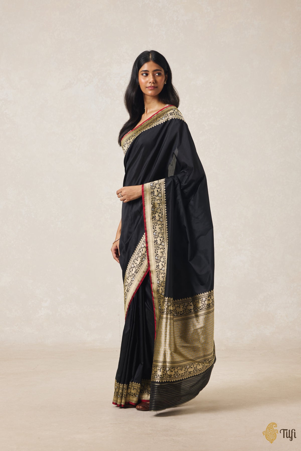 Pre-Order: Black Pure Katan Silk Banarasi Handloom Shikargah Saree