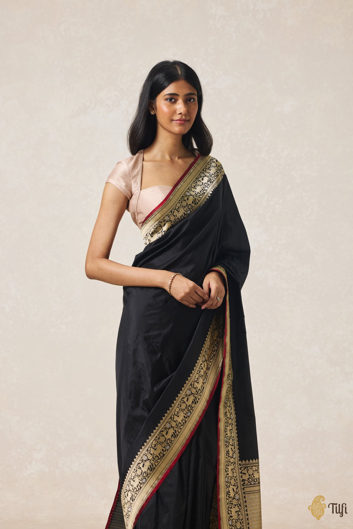 Pre-Order: Black Pure Katan Silk Banarasi Handloom Shikargah Saree