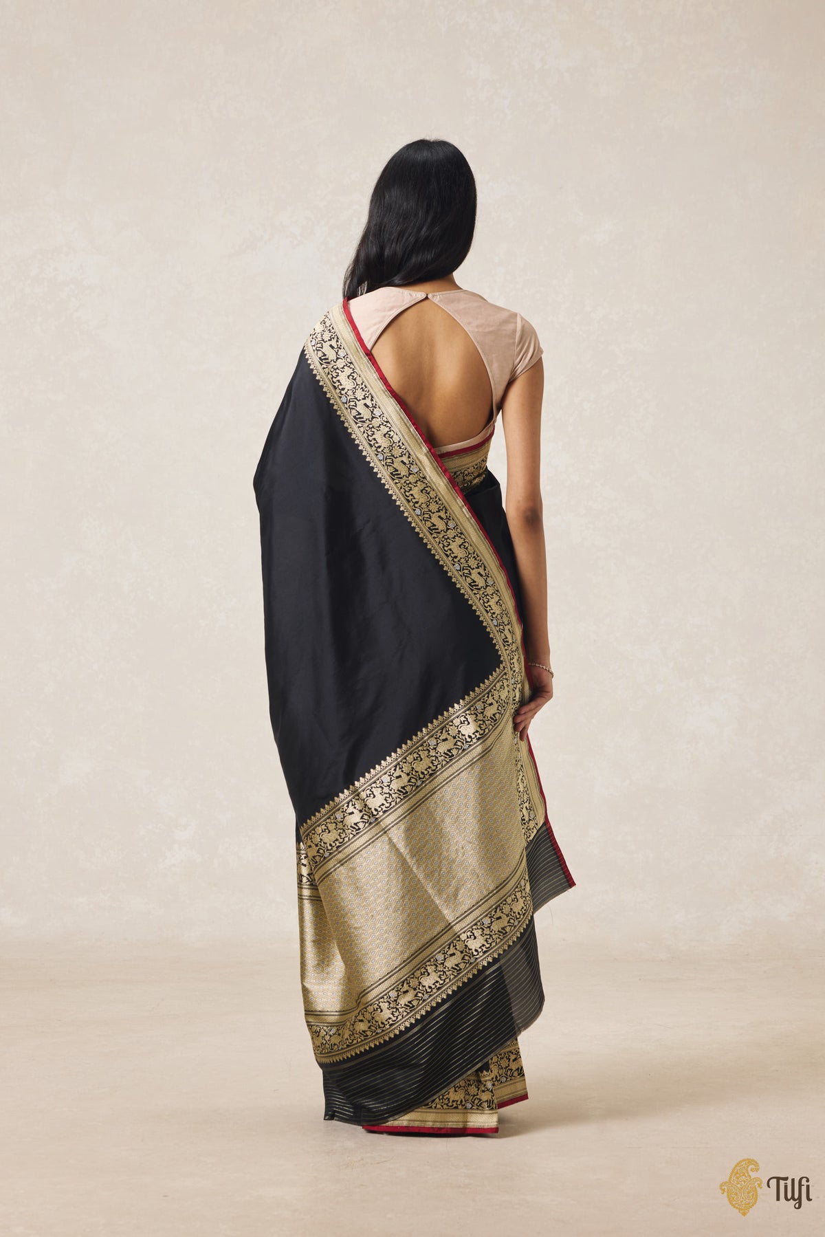 Pre-Order: Black Pure Katan Silk Banarasi Handloom Shikargah Saree