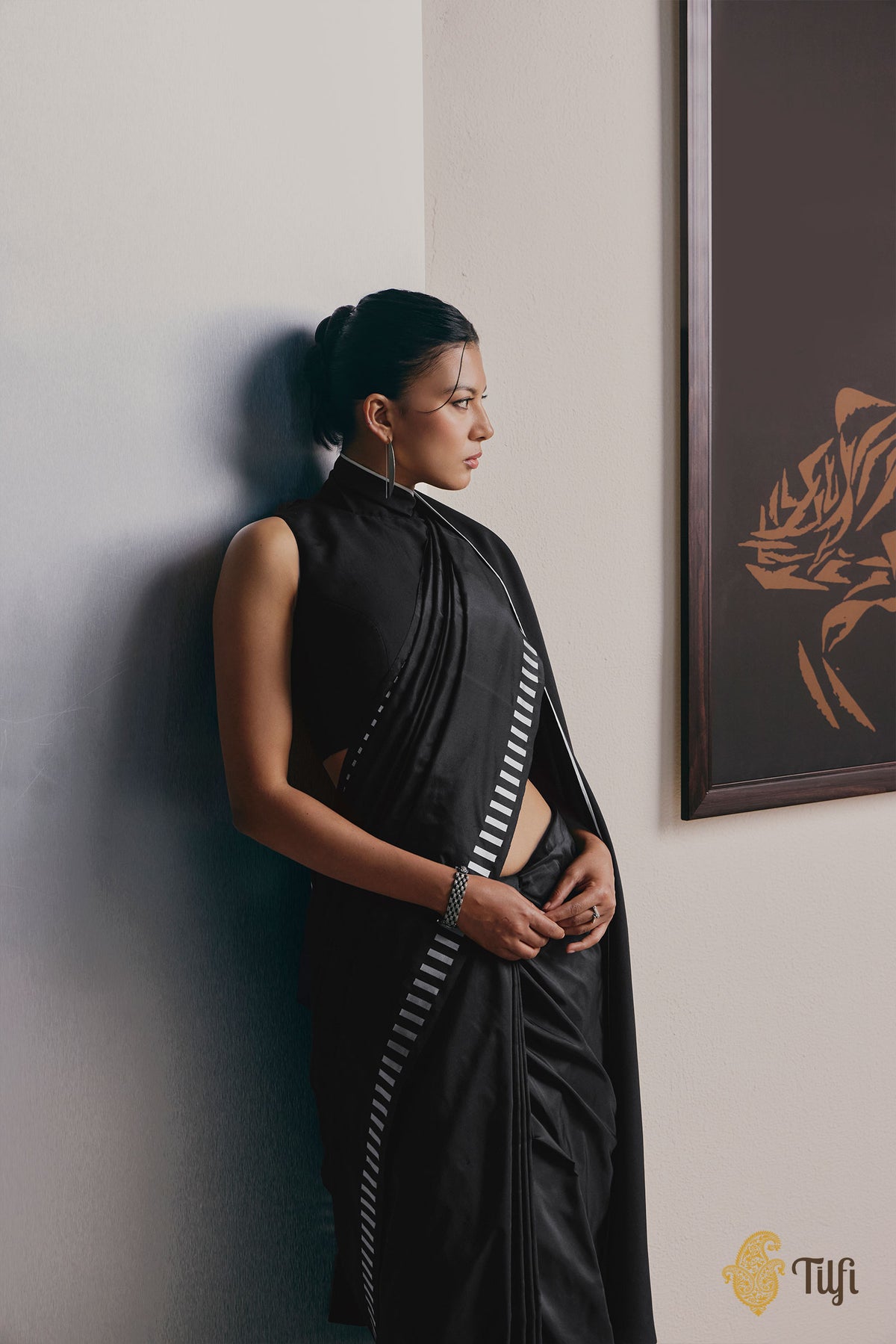 'Piano Keys' Black Pure Katan Silk Banarasi Handloom Saree