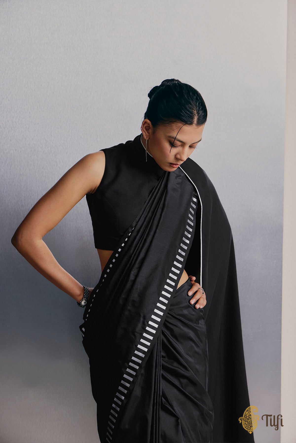 'Piano Keys' Black Pure Katan Silk Banarasi Handloom Saree